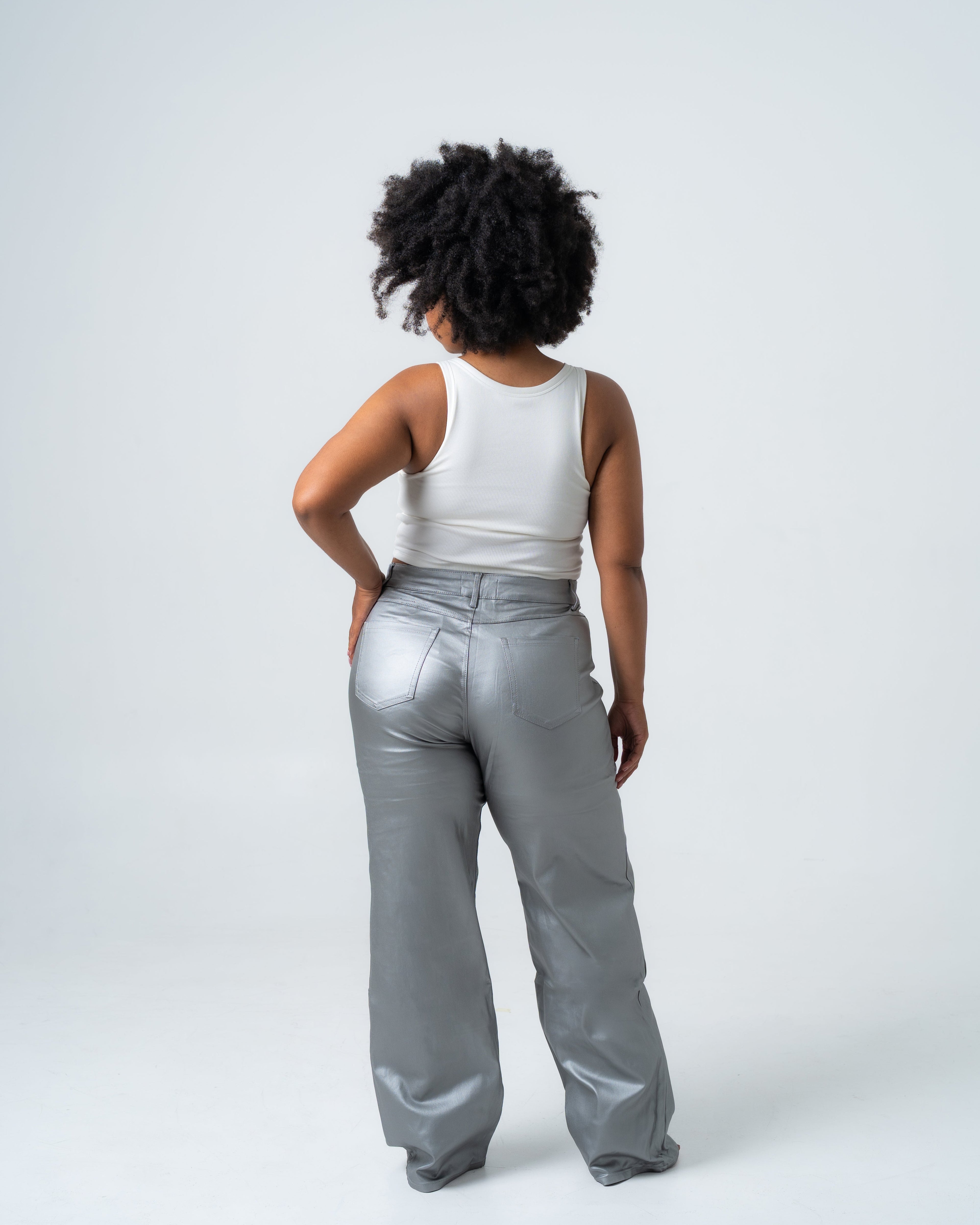 KINZOKU Faux Leather Jeans SILVER - INSEAM 80CM