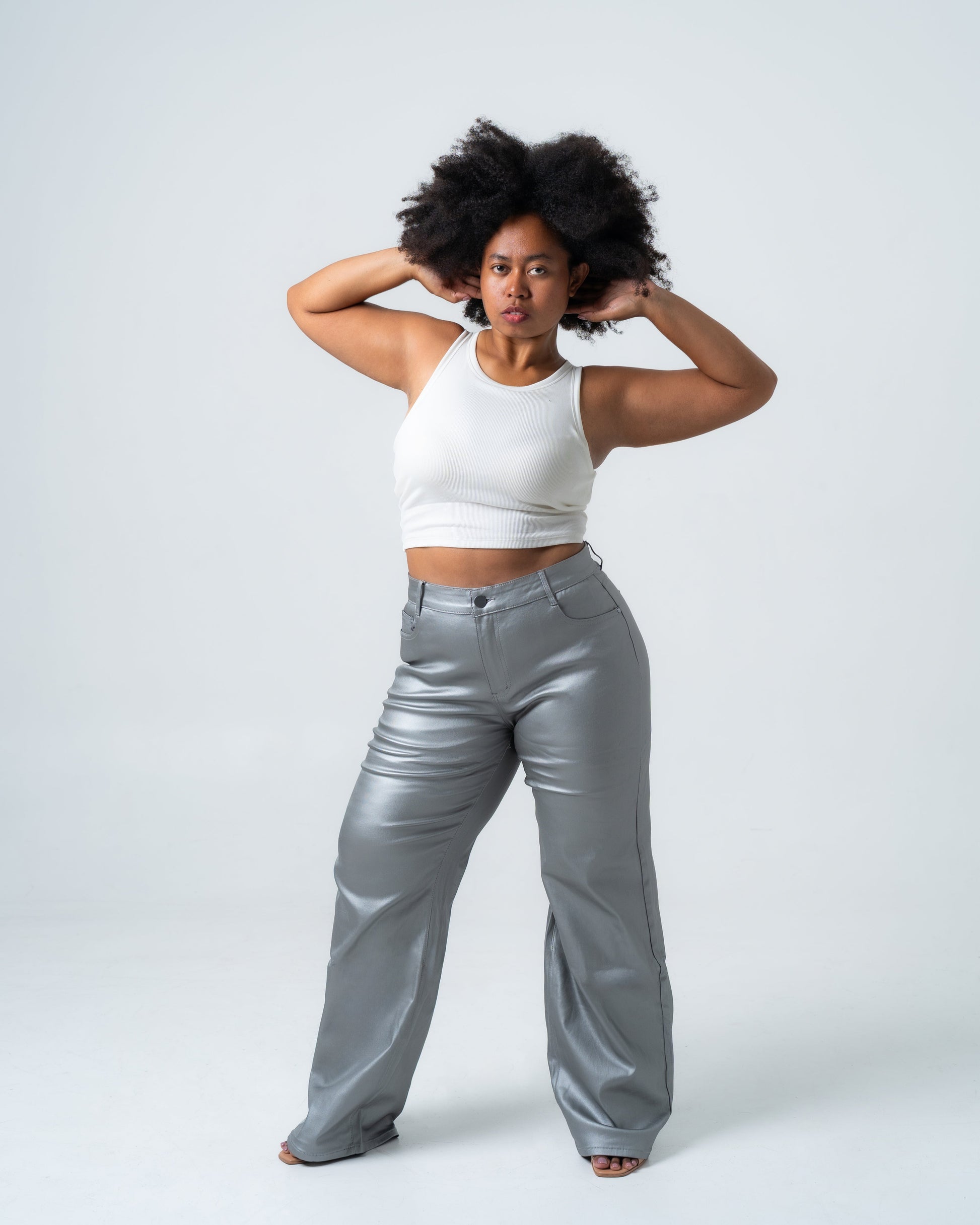 KINZOKU Faux Leather Jeans SILVER - INSEAM 80CM