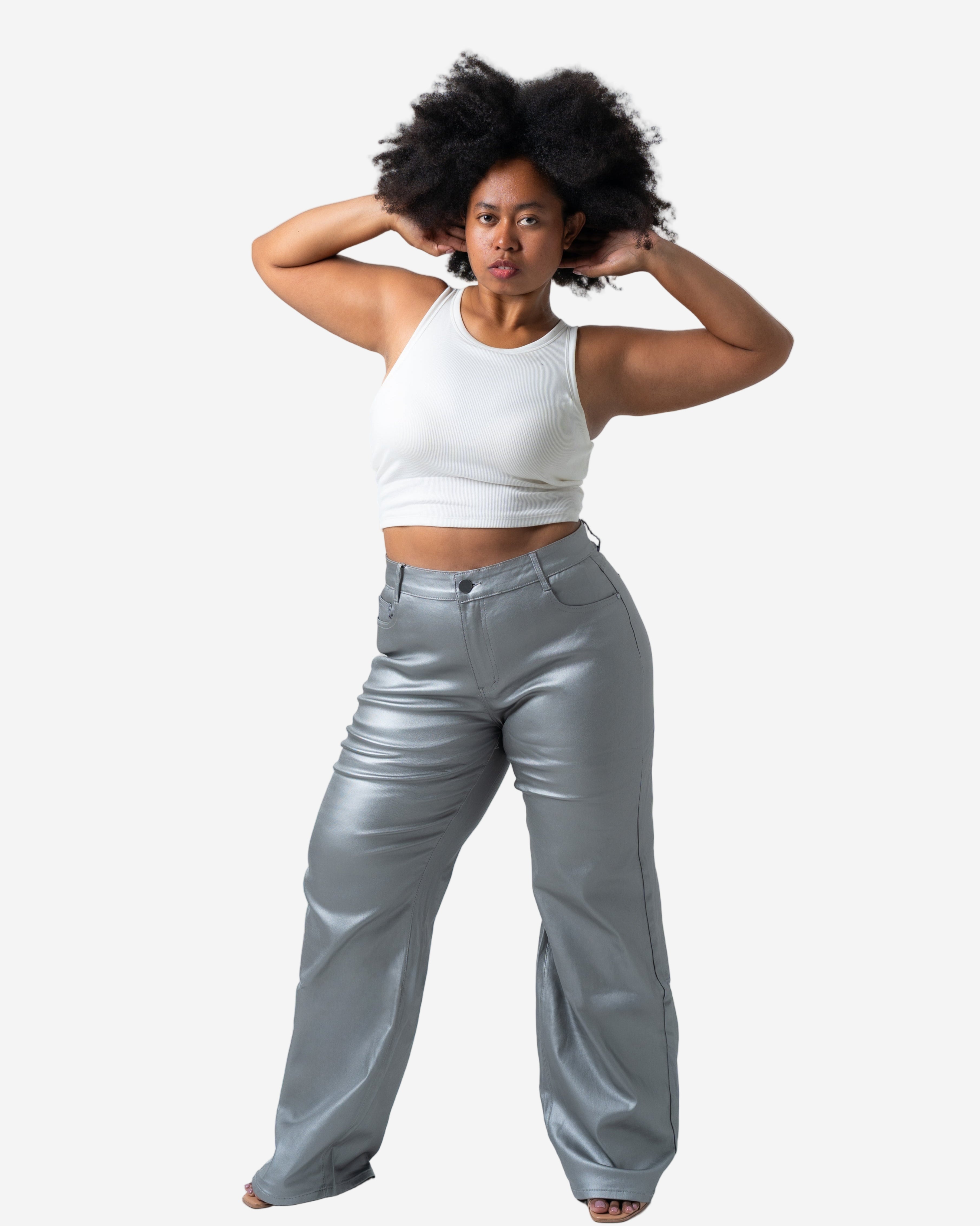 KINZOKU Faux Leather Jeans SILVER - INSEAM 80CM