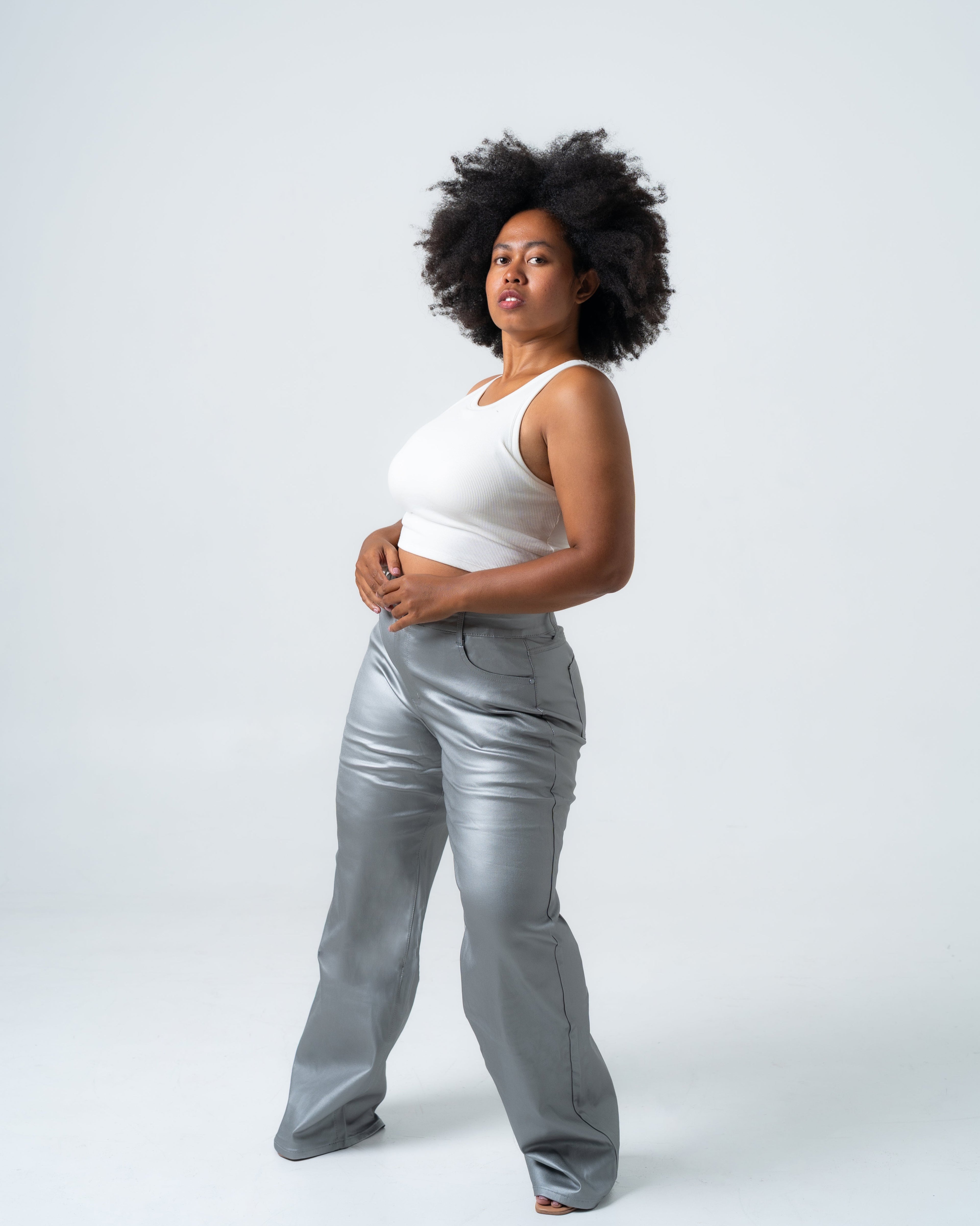 KINZOKU Faux Leather Jeans SILVER - INSEAM 80CM