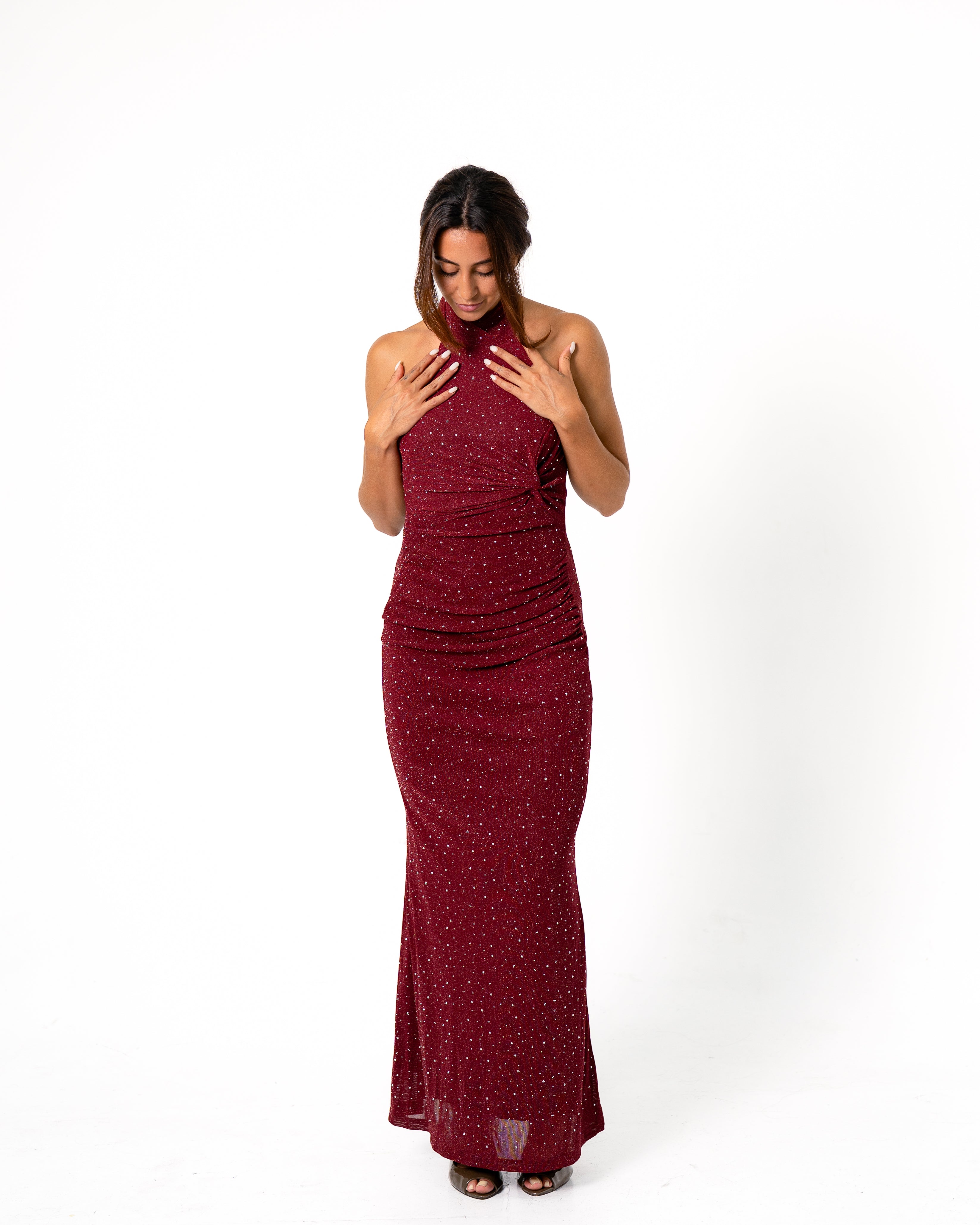 HIGH NECK SPARKLE DRESS BURGUNDY