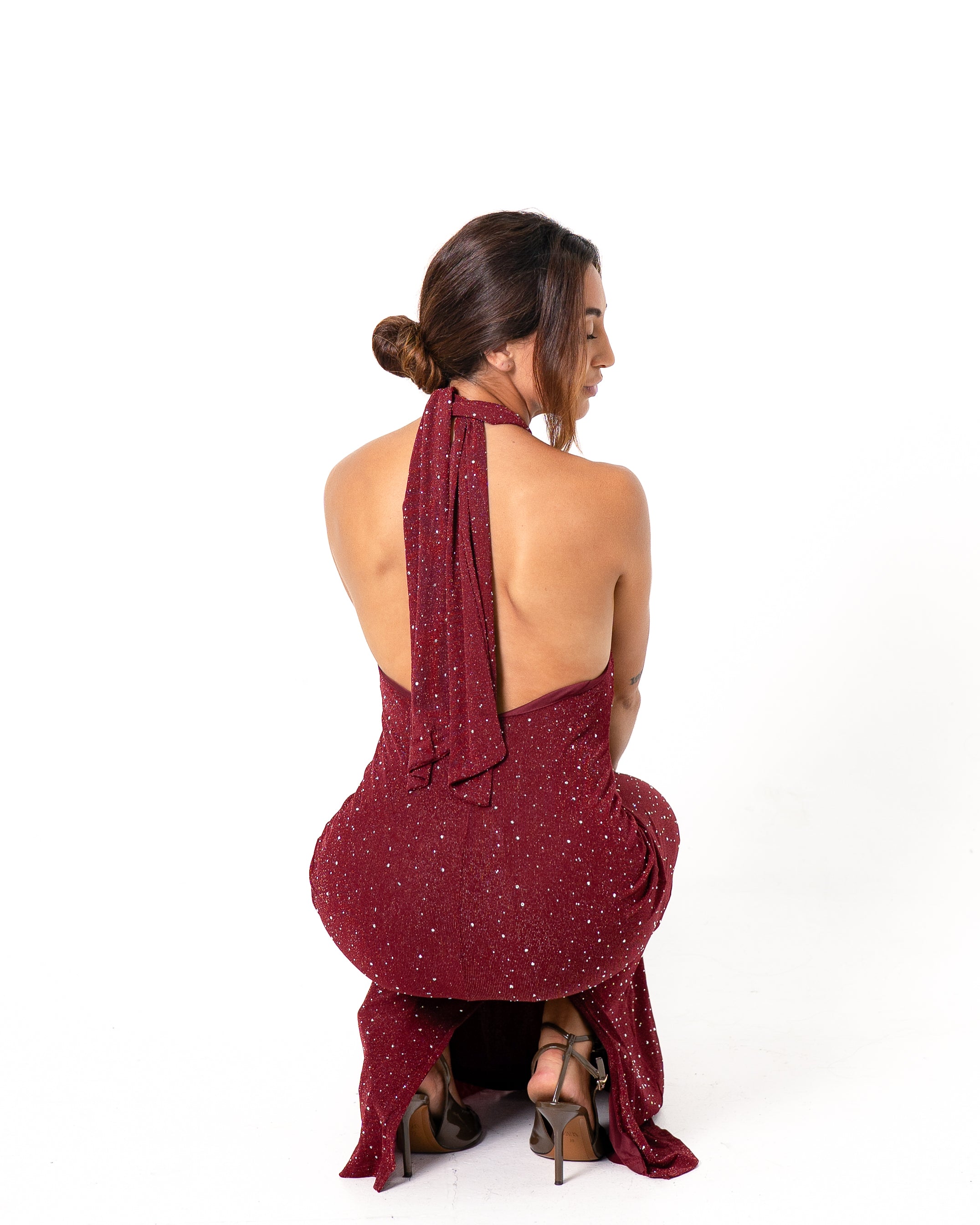 HIGH NECK SPARKLE DRESS BURGUNDY