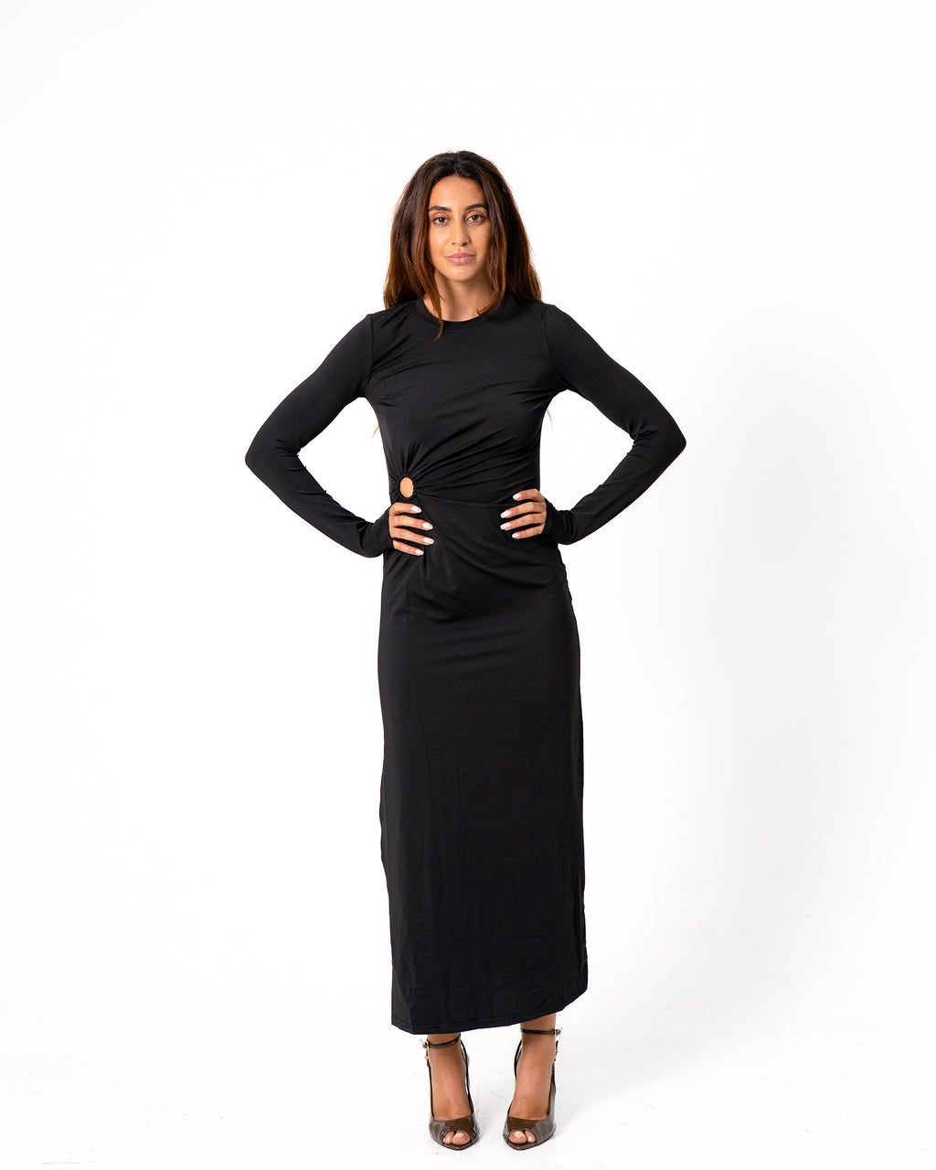 WAIST CUTOUT DETAIL LONG STRETCHY DRESS BLACK