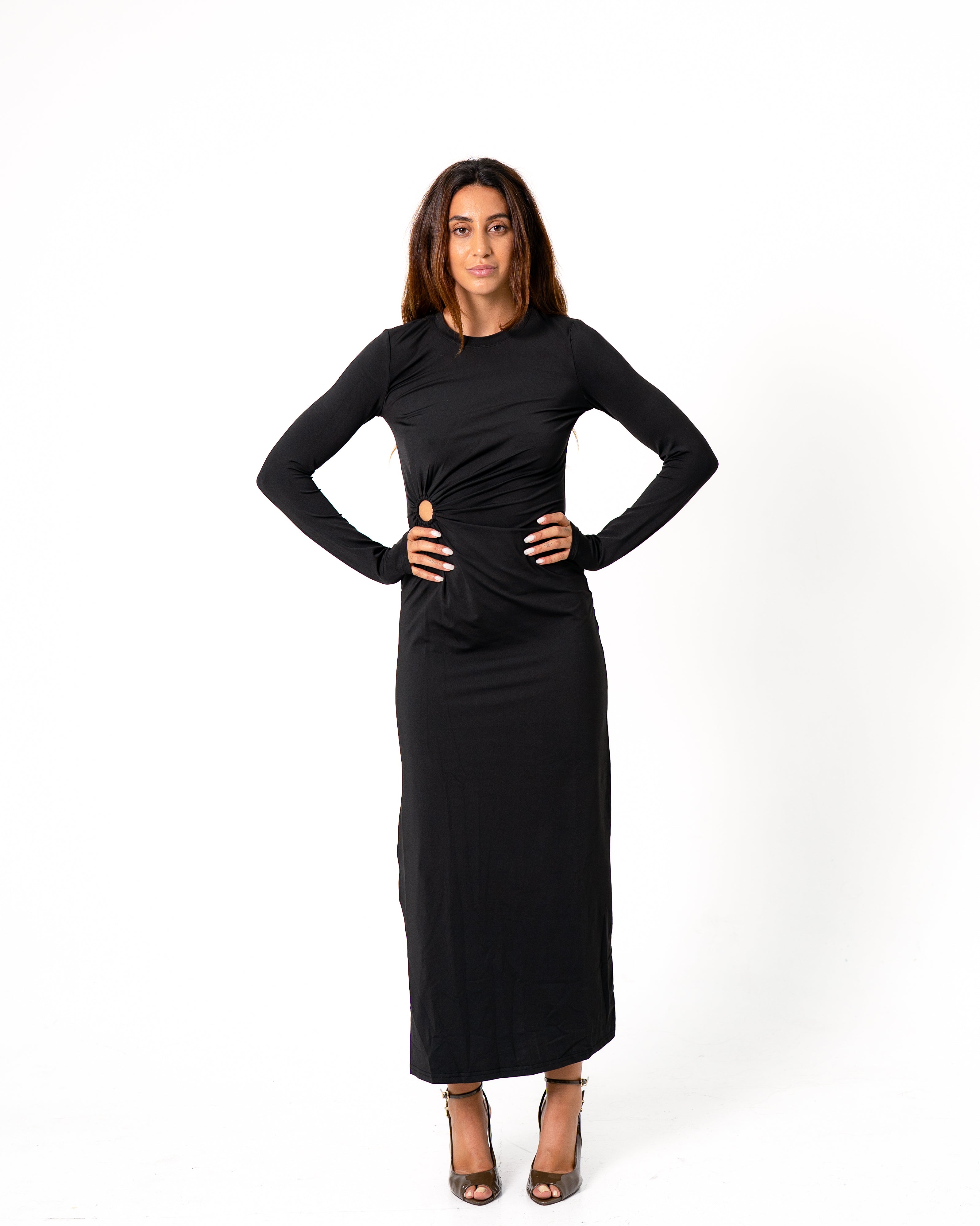 WAIST CUTOUT DETAIL LONG STRETCHY DRESS BLACK