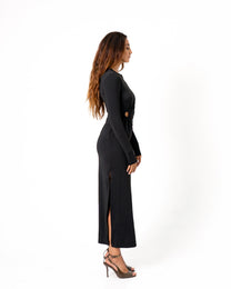 EXTREME STRETCH WAIST CUTOUT DETAIL LONG STRETCHY DRESS BLACK | SEISHIKI STUDIO