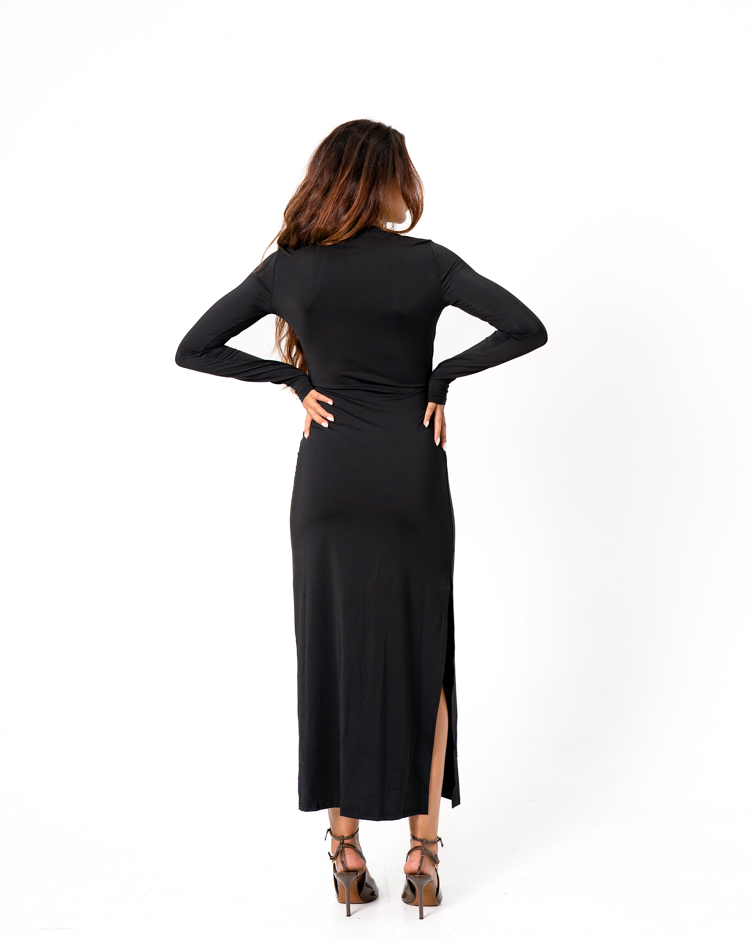 WAIST CUTOUT DETAIL LONG STRETCHY DRESS BLACK