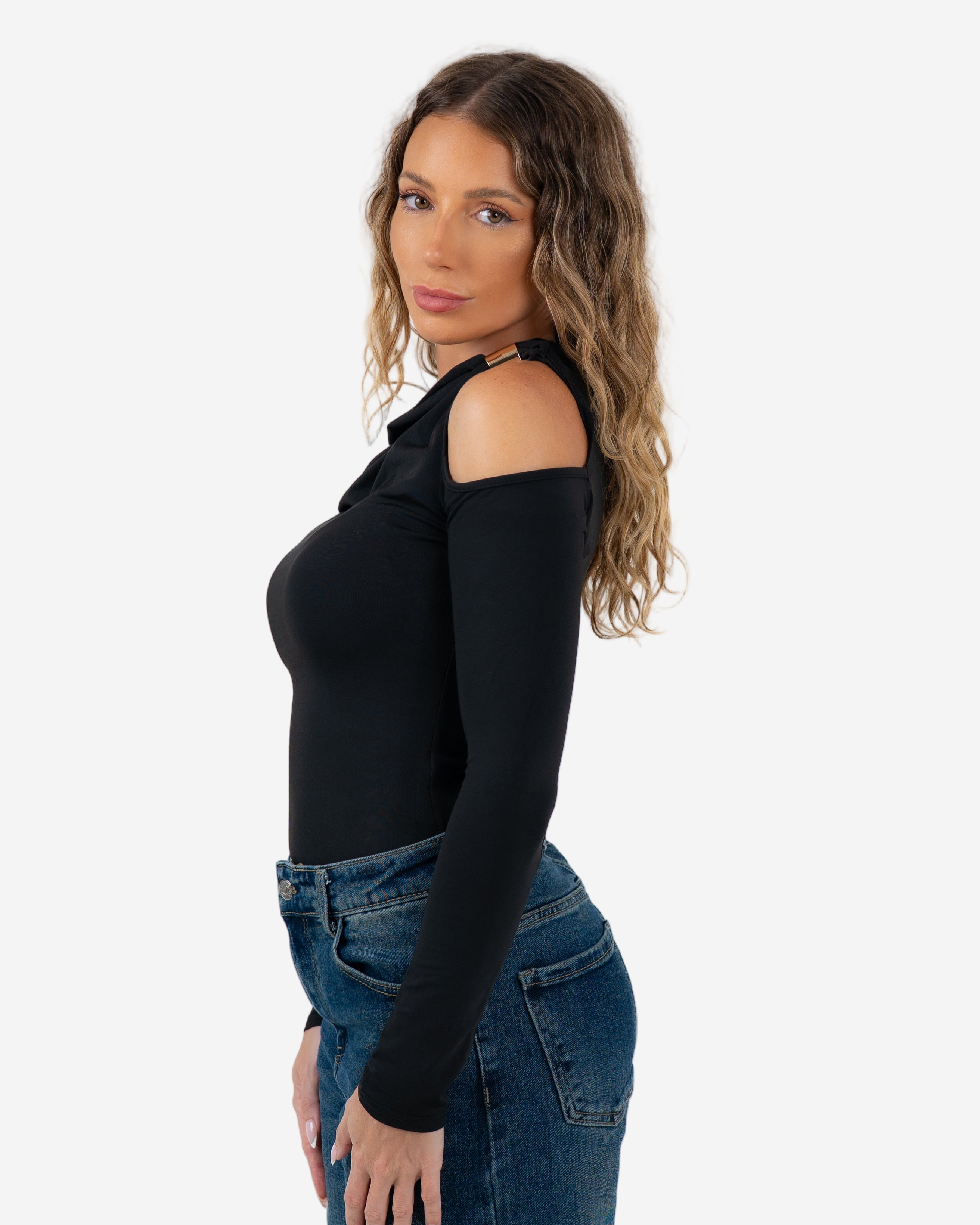 OFF SHOULDER GOLD DETAIL BODYSUIT BLACK