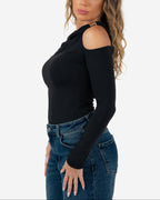 OFF SHOULDER GOLD DETAIL BODYSUIT BLACK