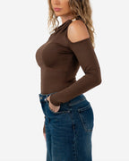 OFF SHOULDER GOLD DETAIL BODYSUIT BROWN