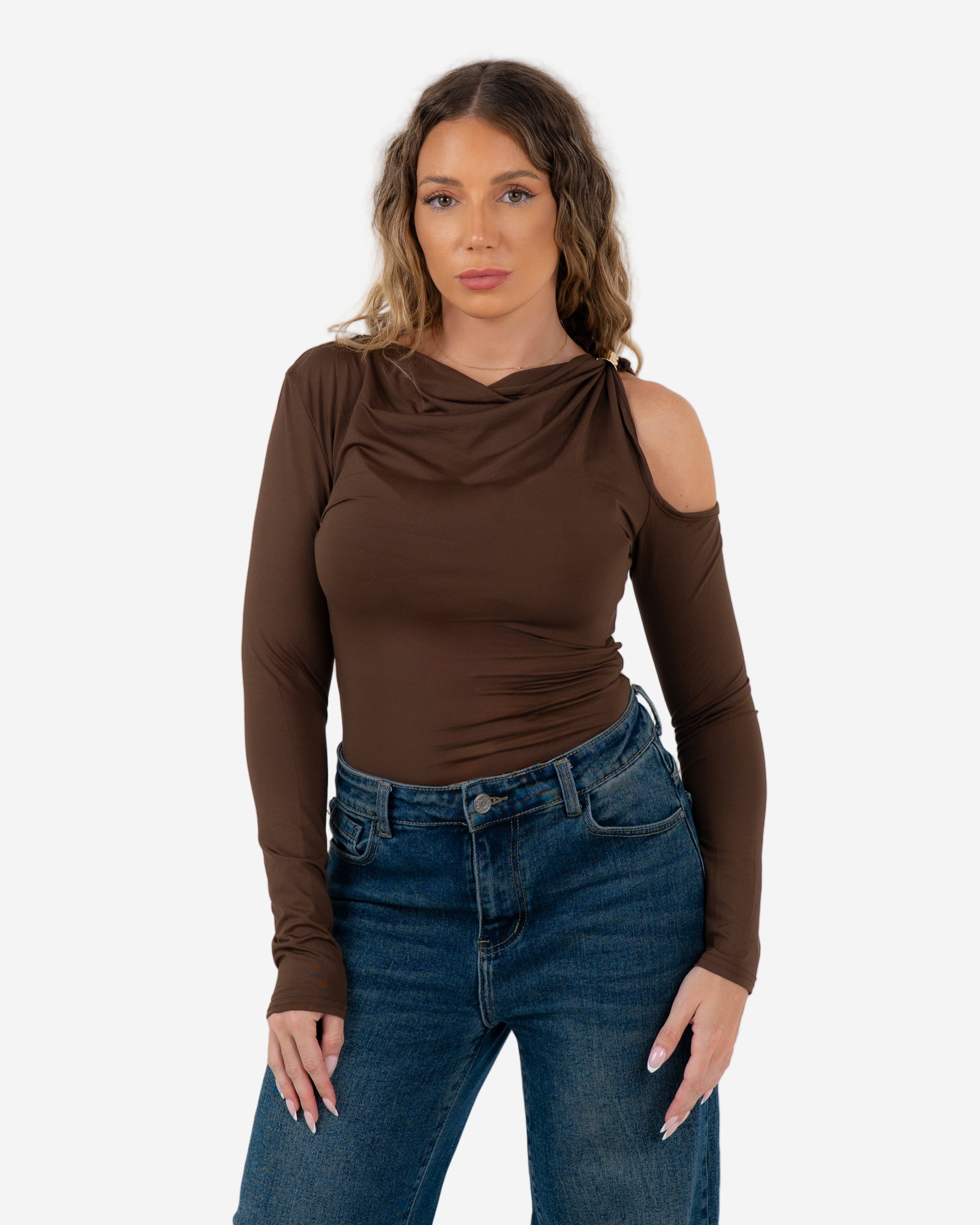 OFF SHOULDER GOLD DETAIL BODYSUIT BROWN