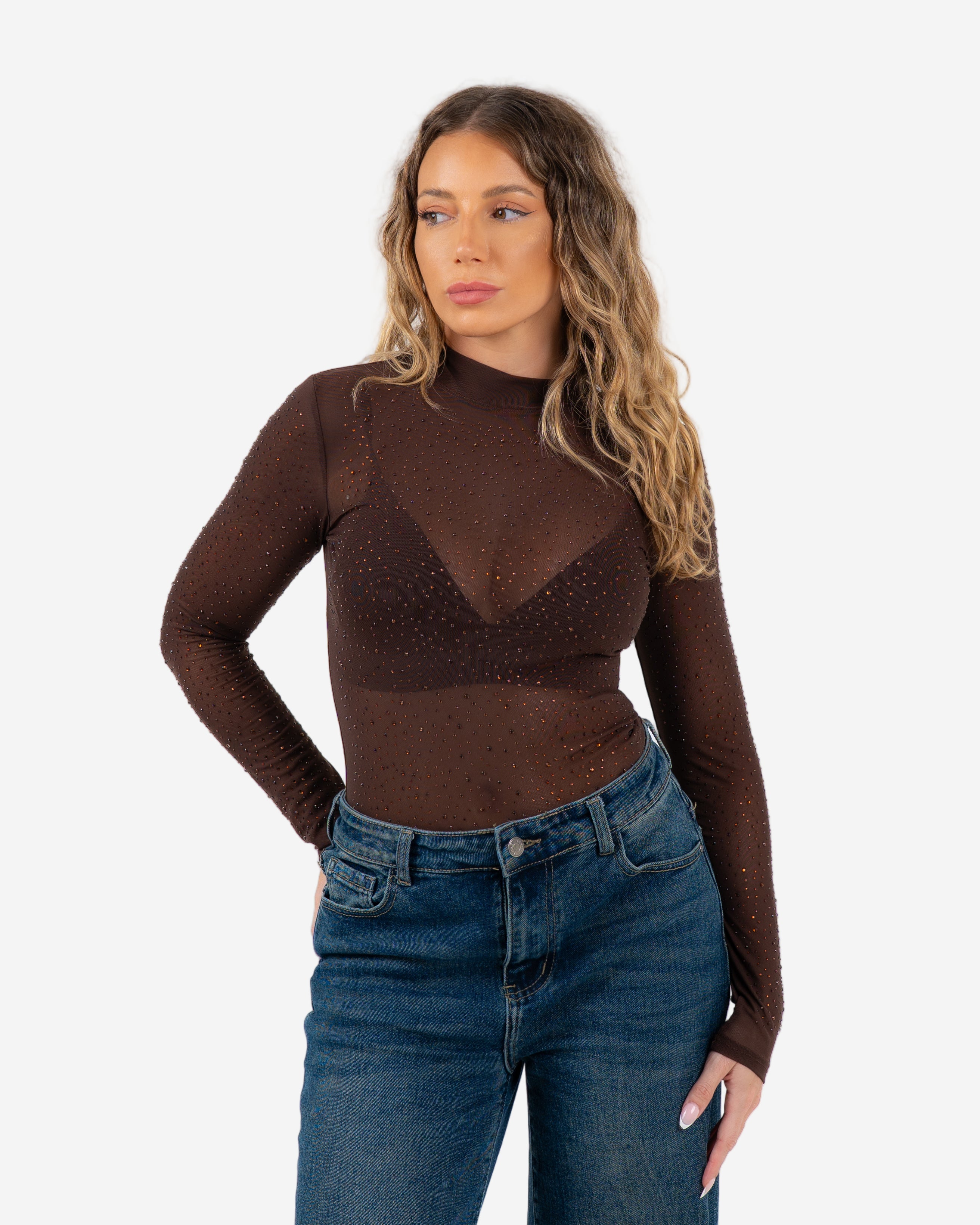 SPARKLE MESH BODYSUIT BROWN