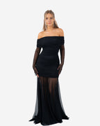 OFF SHOULDER MESH DRAPED DRESS BLACK