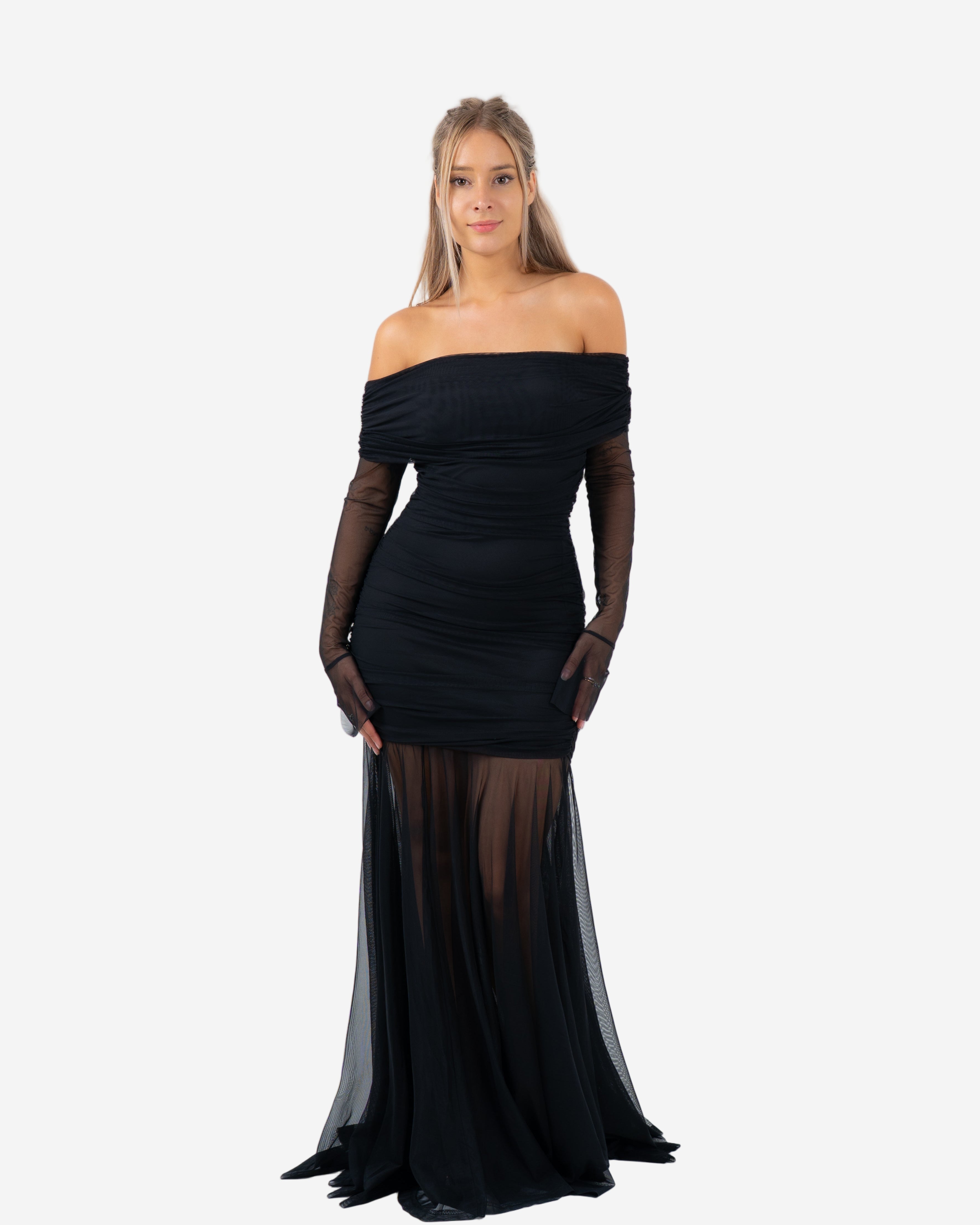 OFF SHOULDER MESH DRAPED DRESS BLACK