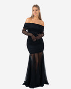 OFF SHOULDER MESH DRAPED DRESS BLACK