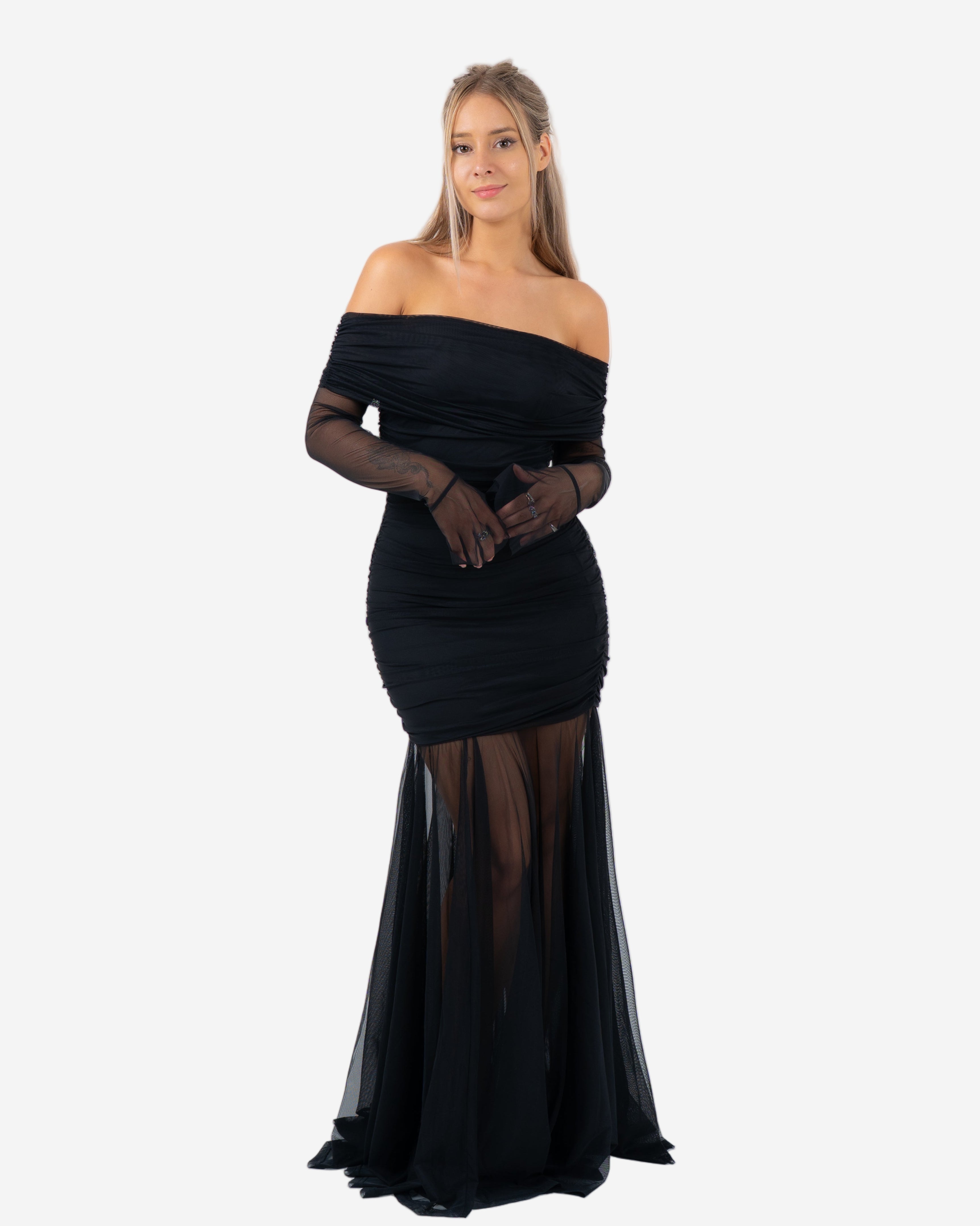 OFF SHOULDER MESH DRAPED DRESS BLACK