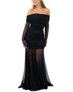 OFF SHOULDER MESH DRAPED DRESS BLACK