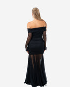 OFF SHOULDER MESH DRAPED DRESS BLACK