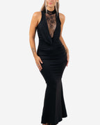 HALTER NECK LACE FRONT LONG DRESS