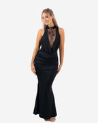 HALTER NECK LACE FRONT LONG DRESS