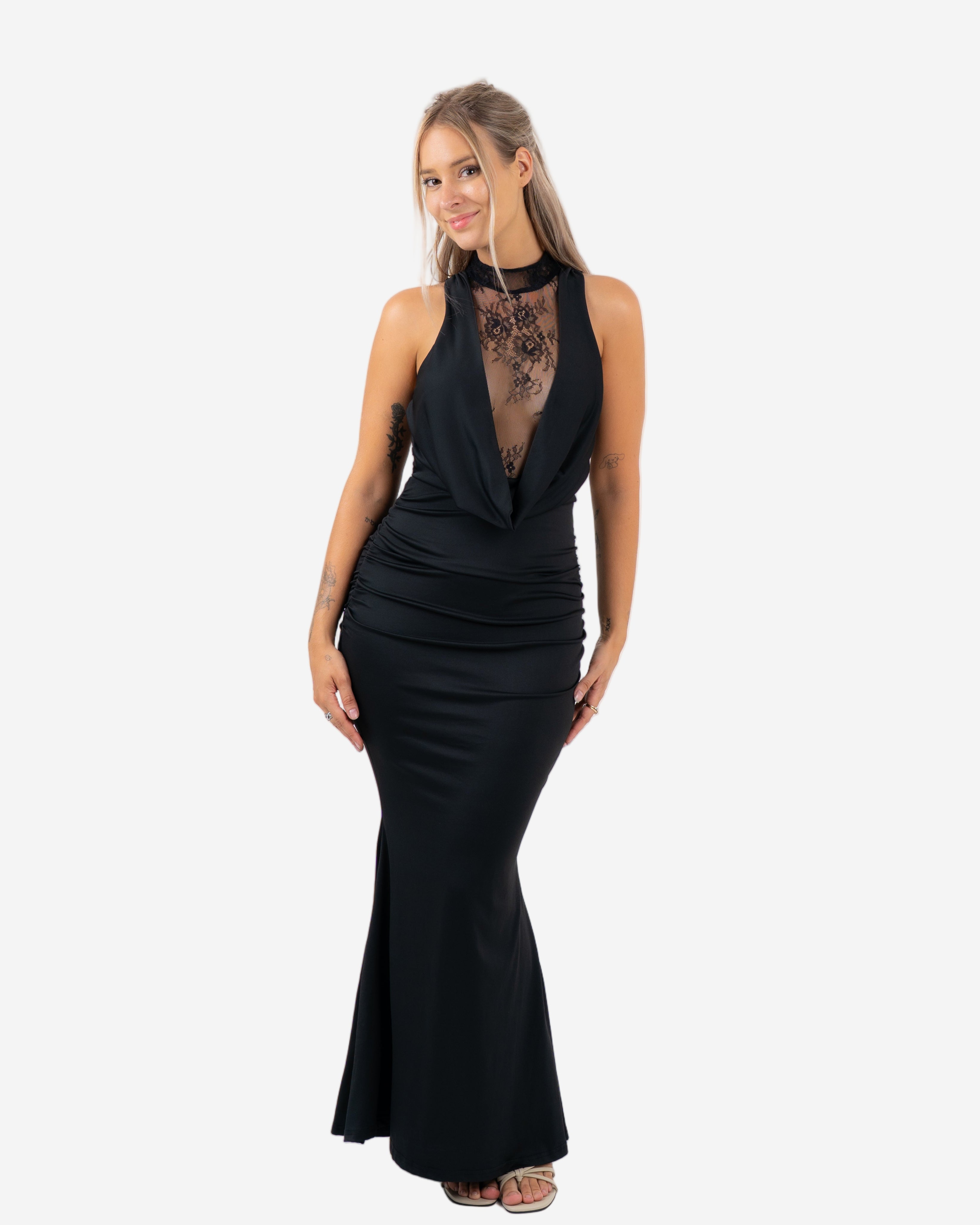 HALTER NECK LACE FRONT LONG DRESS