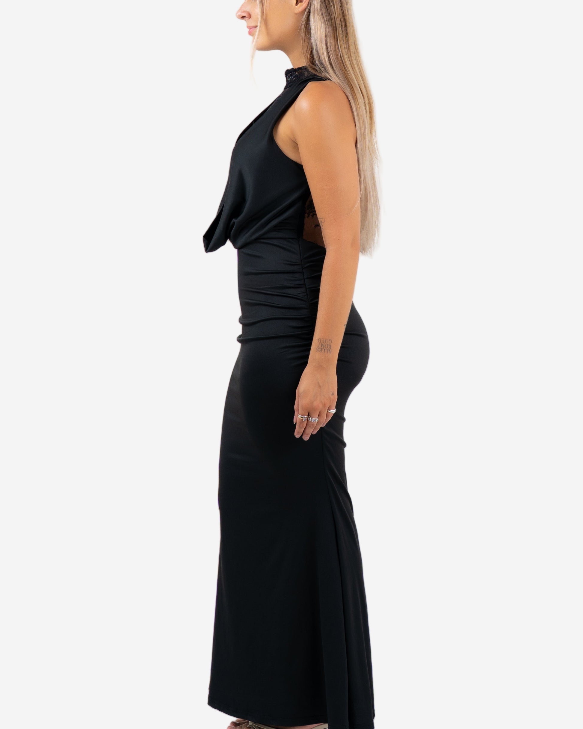 HALTER NECK LACE FRONT LONG DRESS