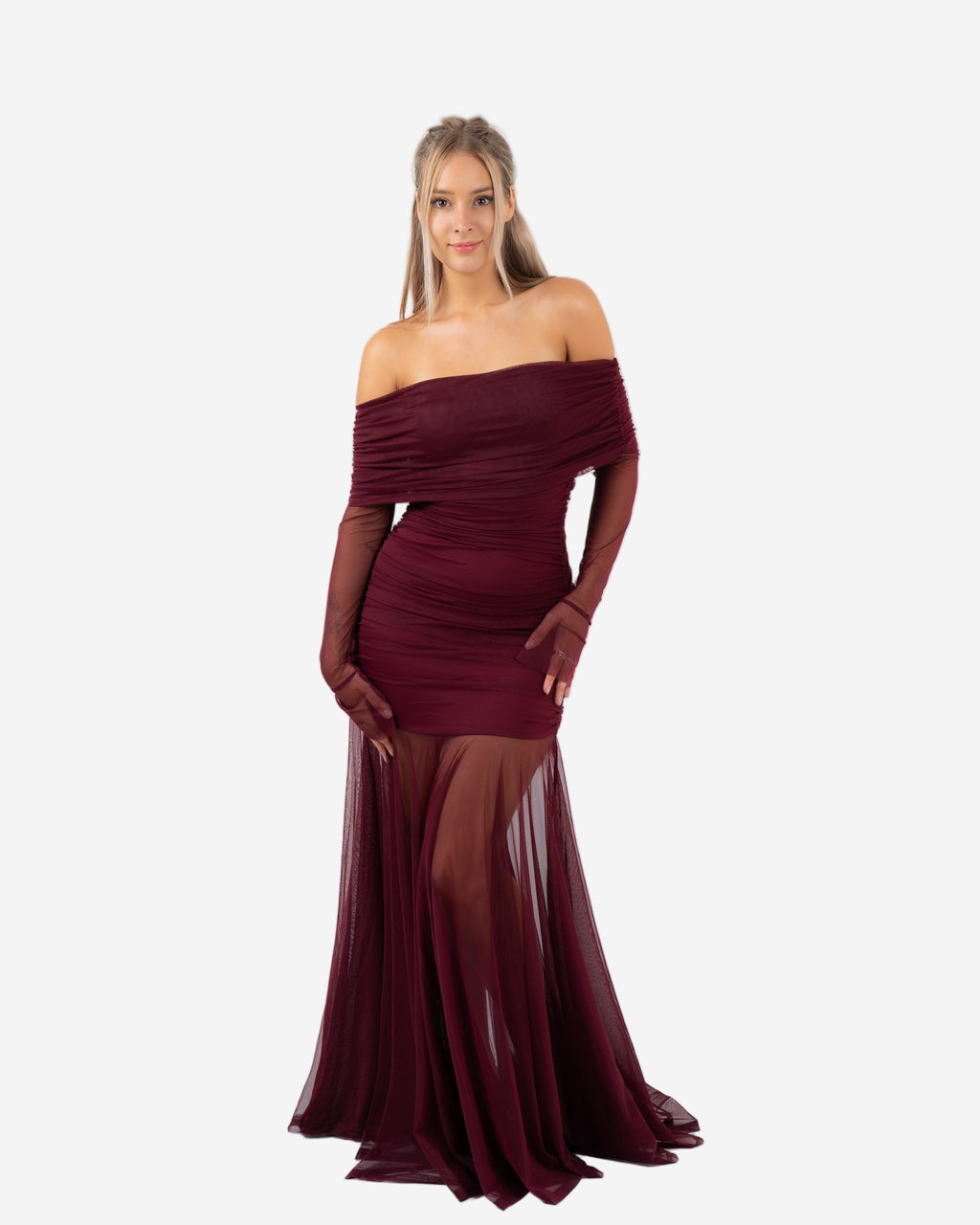 OFF SHOULDER MESH DRAPED DRESS BURGUNDY