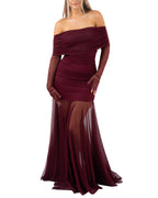 OFF SHOULDER MESH DRAPED DRESS BURGUNDY