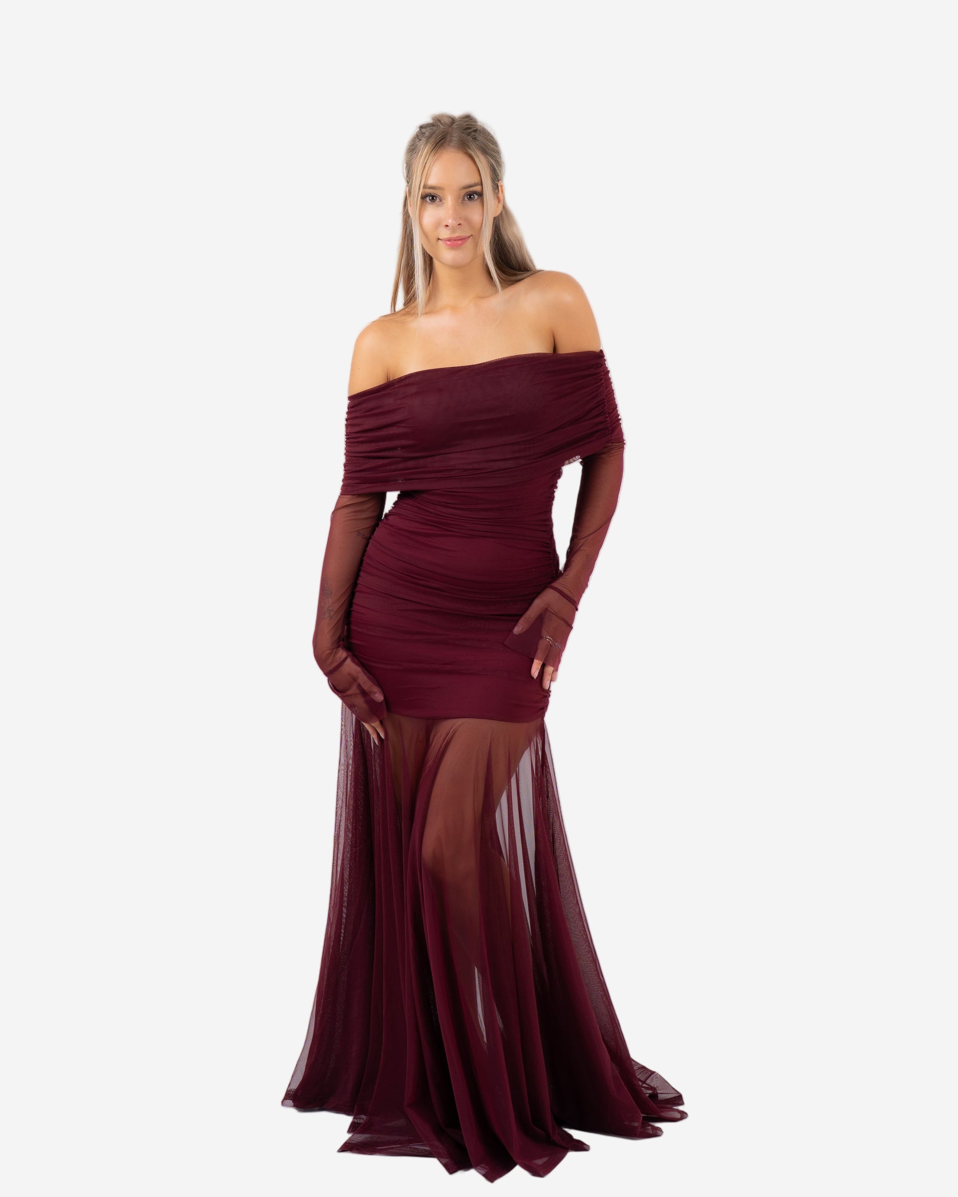 OFF SHOULDER MESH DRAPED DRESS BURGUNDY
