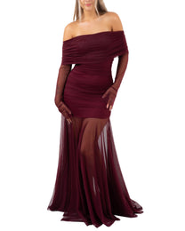 STRETCHY OFF SHOULDER MESH DRAPED DRESS BURGUNDY | SEISHIKI STUDIO