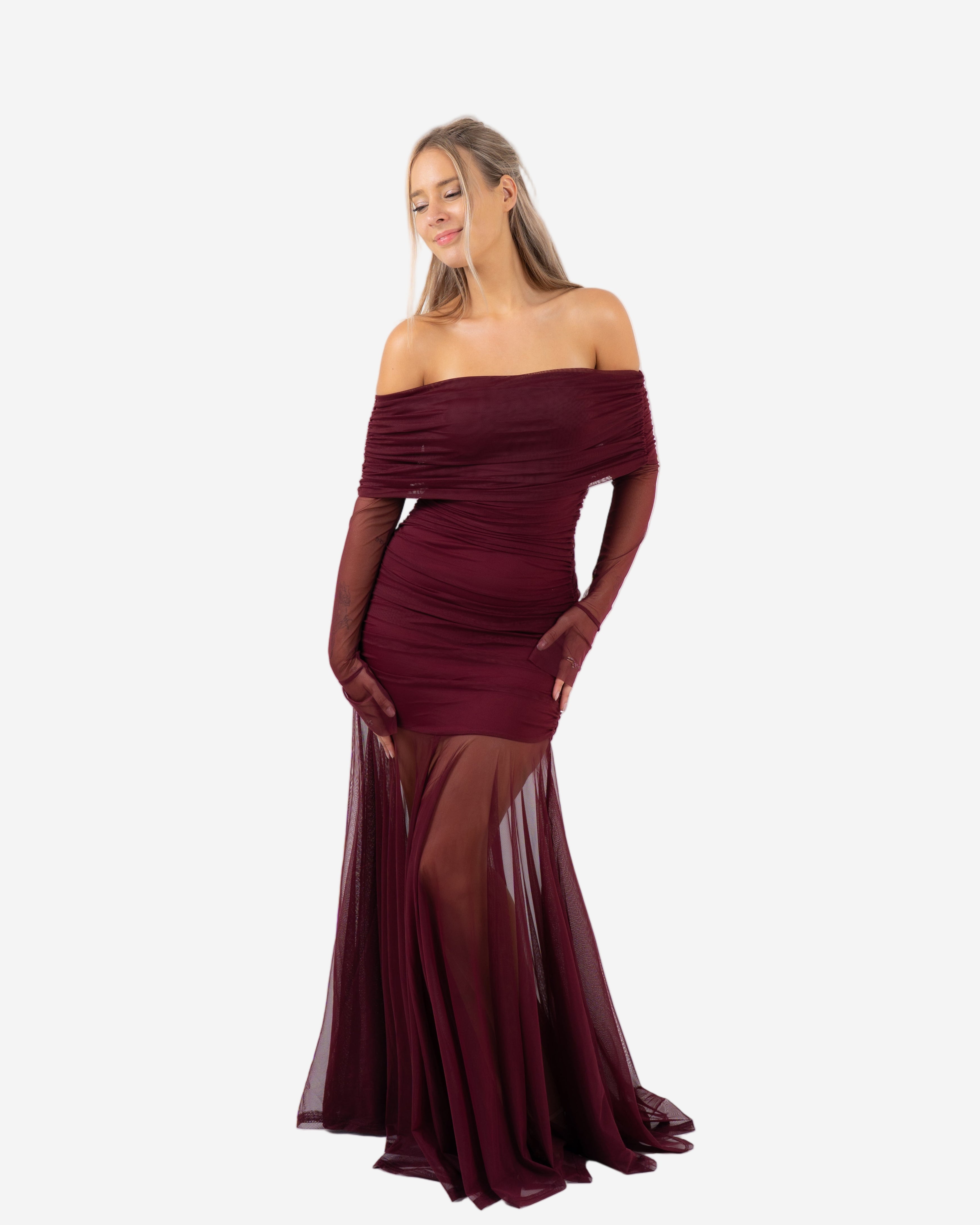 OFF SHOULDER MESH DRAPED DRESS BURGUNDY