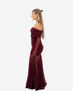 OFF SHOULDER MESH DRAPED DRESS BURGUNDY