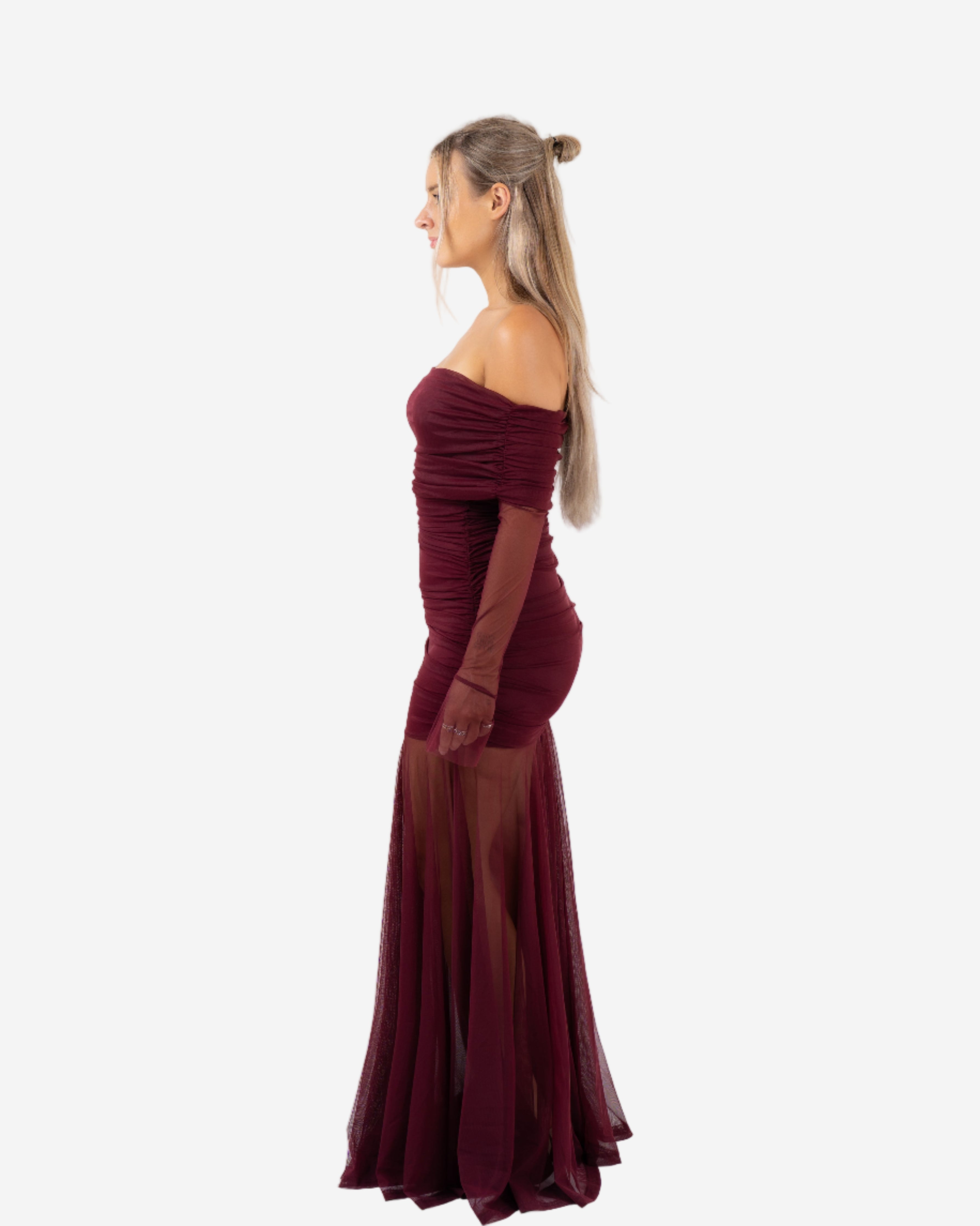 OFF SHOULDER MESH DRAPED DRESS BURGUNDY