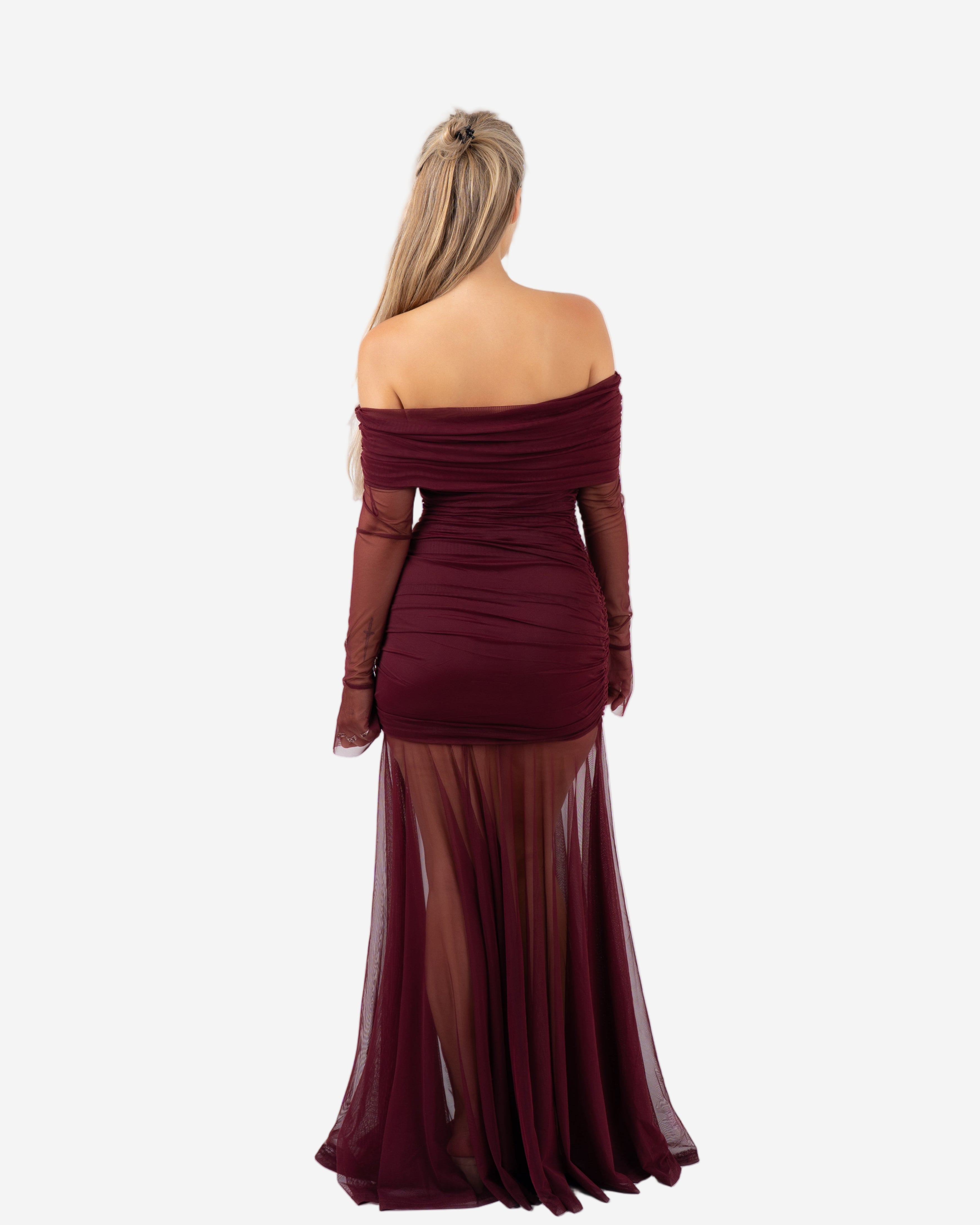 OFF SHOULDER MESH DRAPED DRESS BURGUNDY