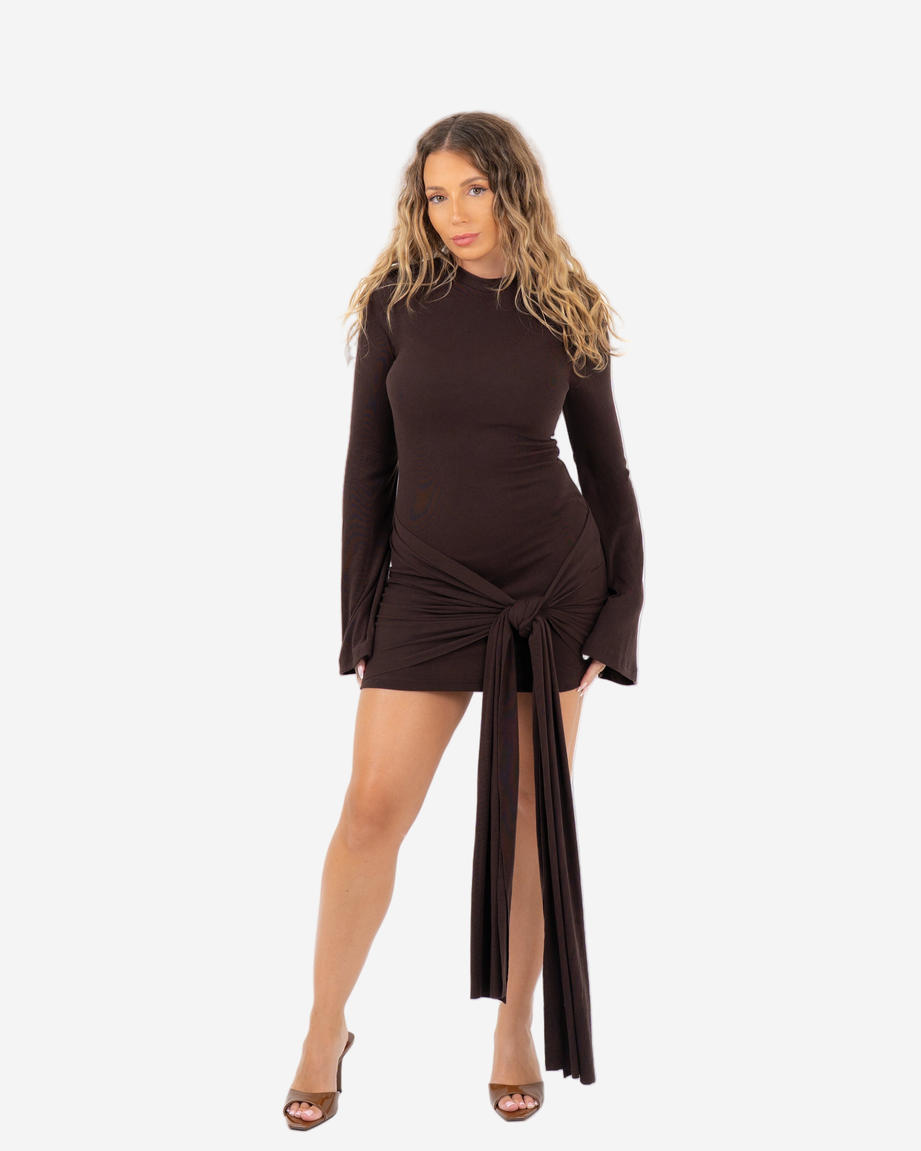 LONG SLEEVE DRAPED FRONT DRESS BROWN