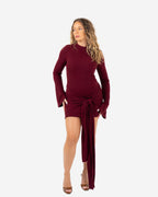 LONG SLEEVE DRAPED FRONT DRESS BURGUNDY