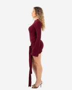 LONG SLEEVE DRAPED FRONT DRESS BURGUNDY