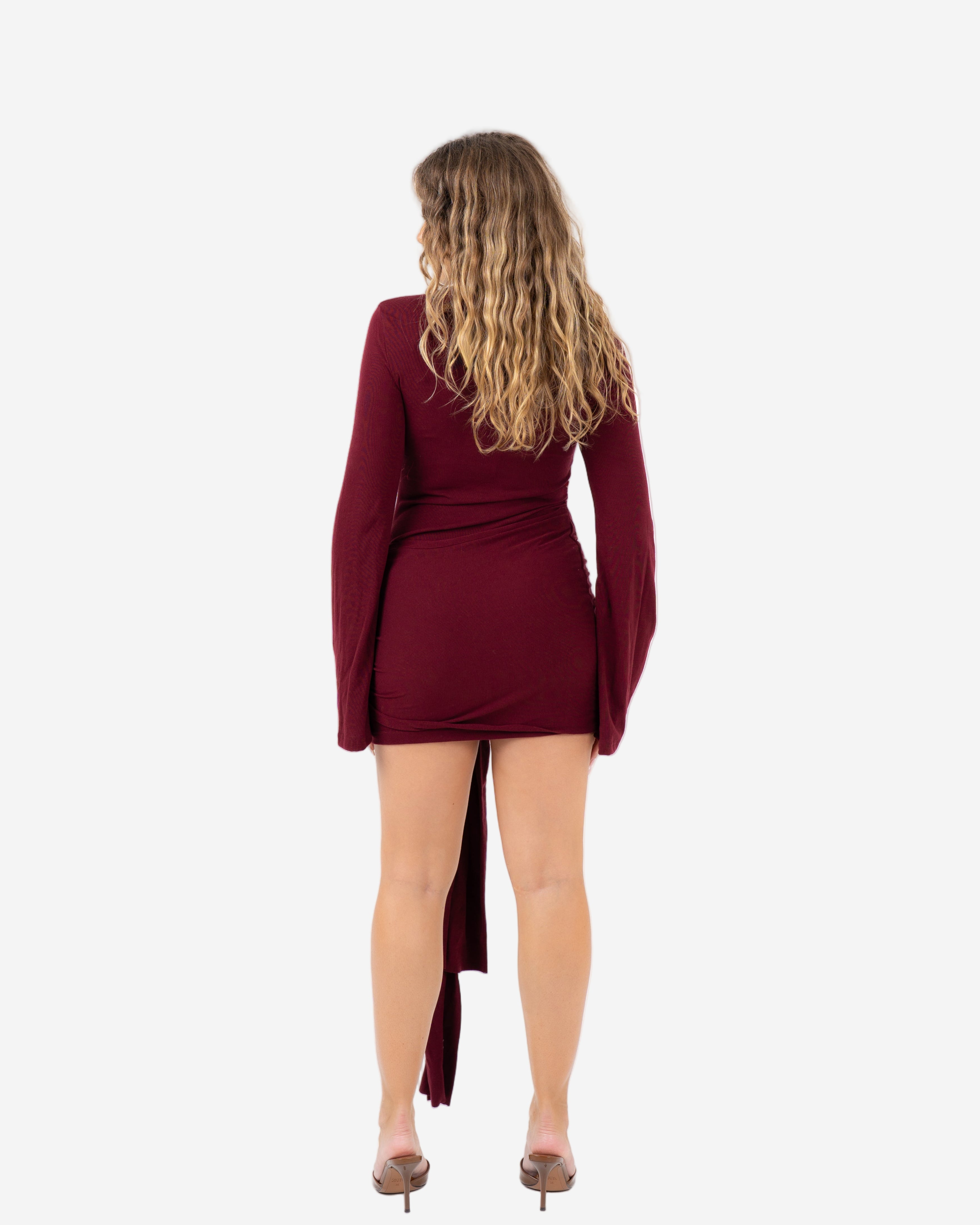 LONG SLEEVE DRAPED FRONT DRESS BURGUNDY
