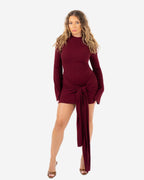 LONG SLEEVE DRAPED FRONT DRESS BURGUNDY