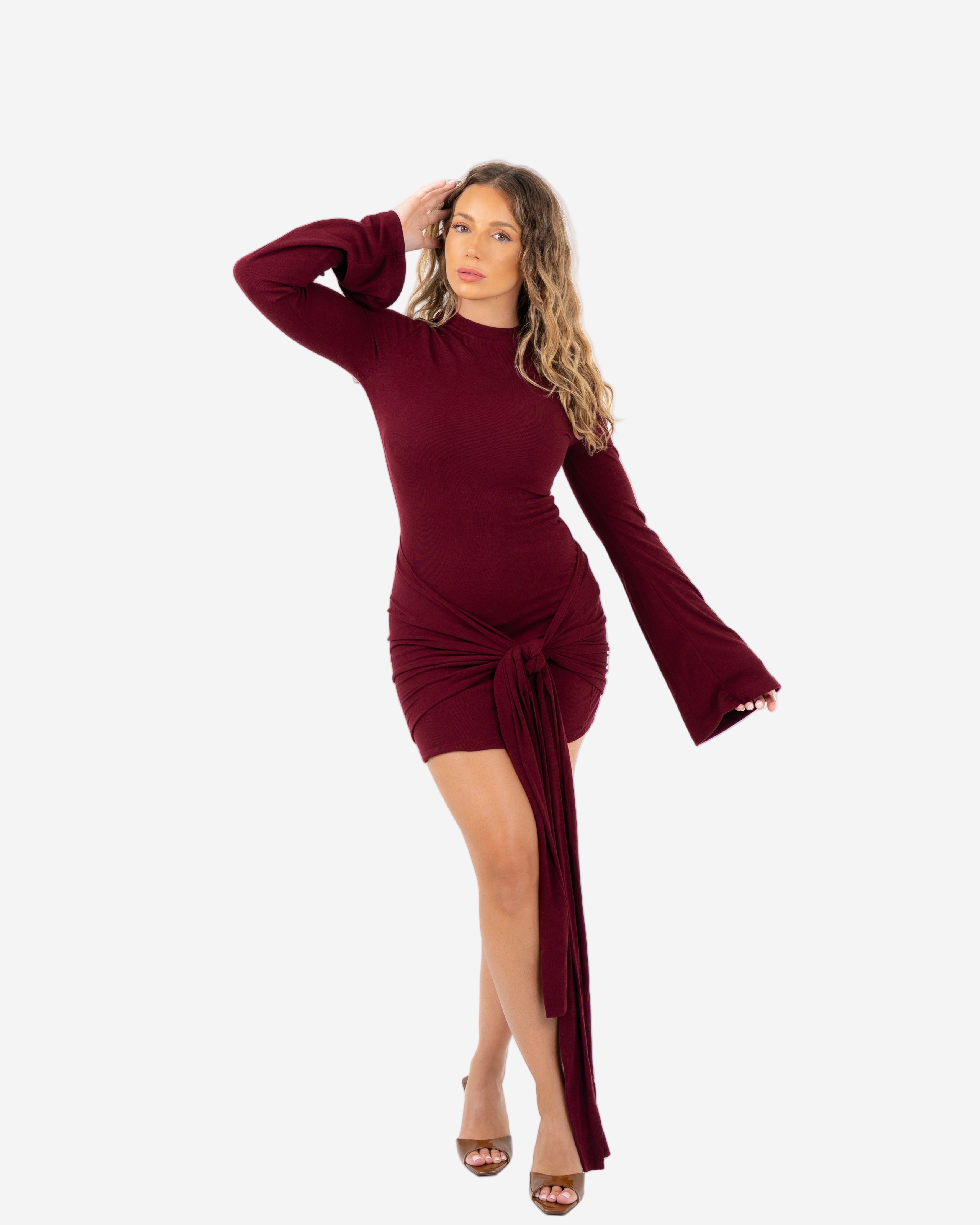 LONG SLEEVE DRAPED FRONT DRESS BURGUNDY
