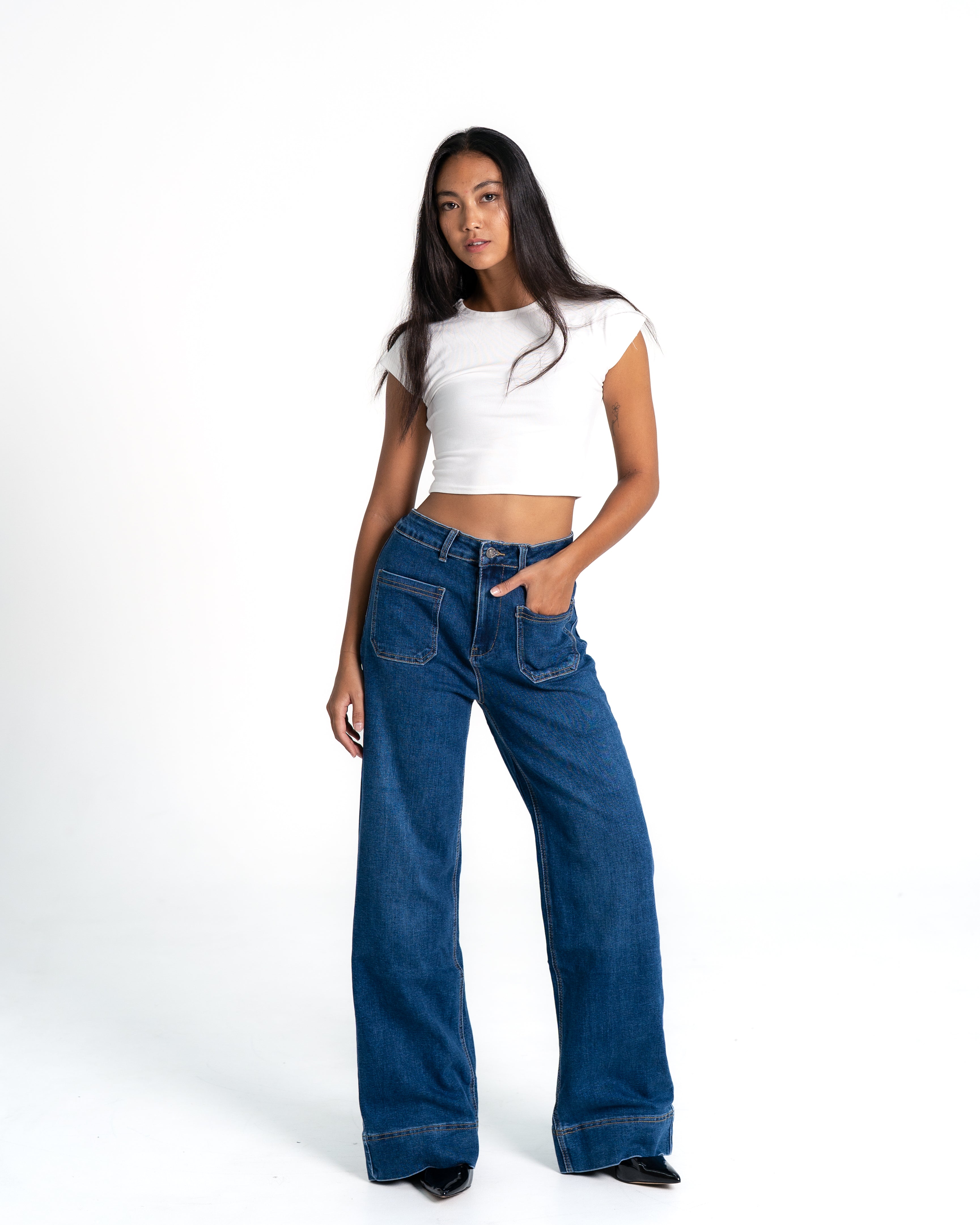 BLUE WIDE LEG JEANS WITH SMALL FRONT POCKETS - IL 80CM