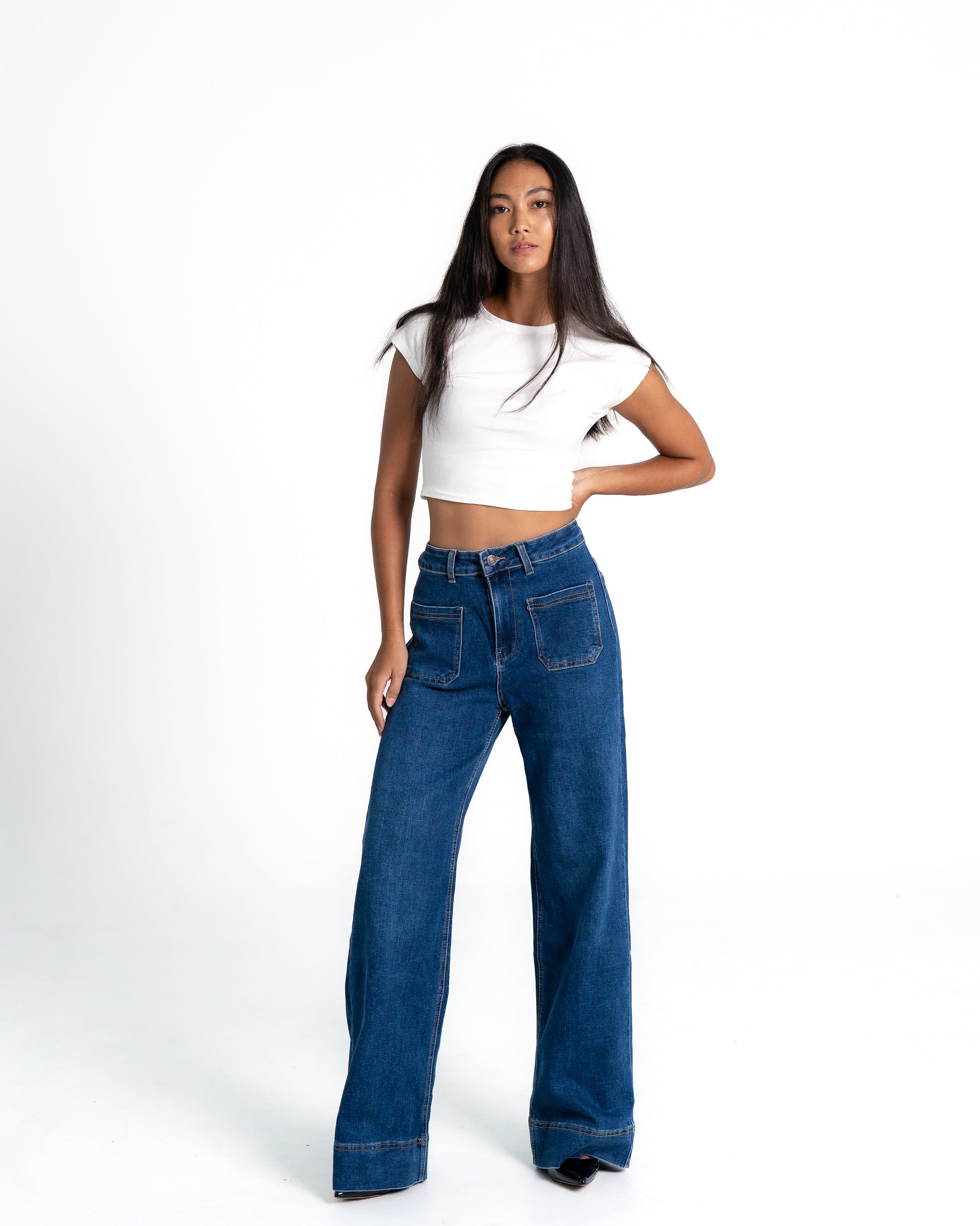 BLUE WIDE LEG JEANS WITH SMALL FRONT POCKETS - IL 80CM