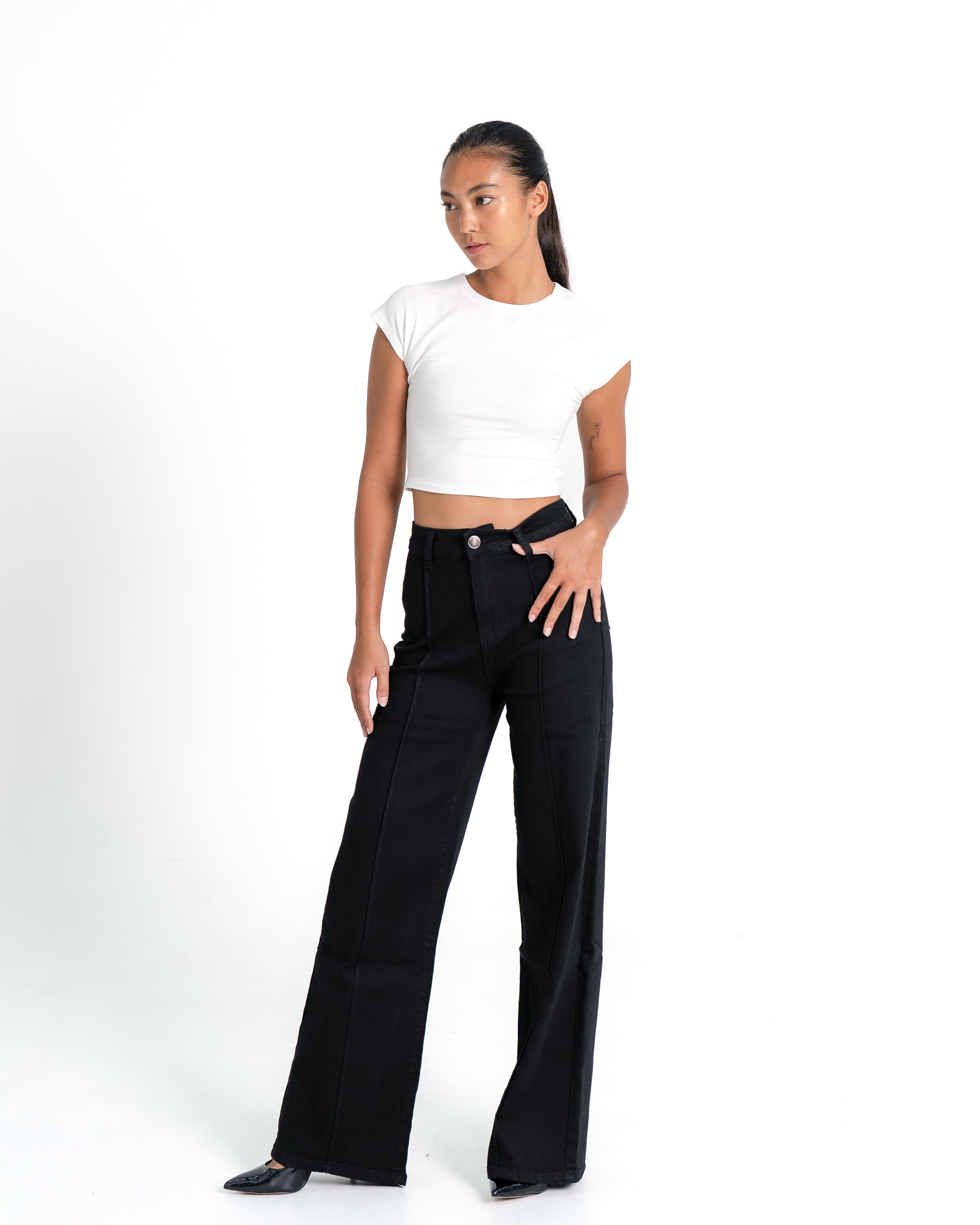 BLACK WIDE LEG JEANS WITH FRONT SEAM - IL 80CM