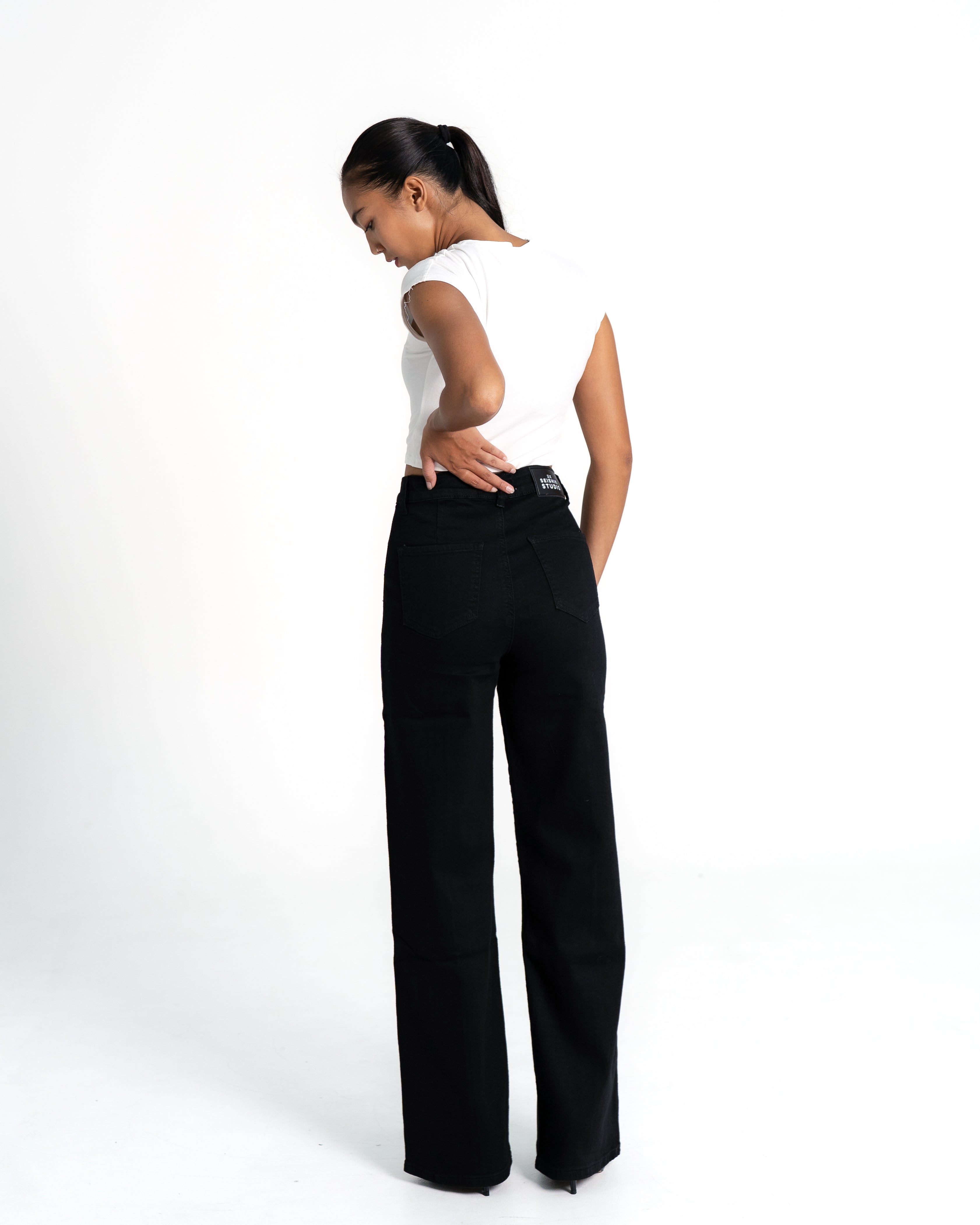 BLACK WIDE LEG JEANS WITH FRONT SEAM - IL 80CM