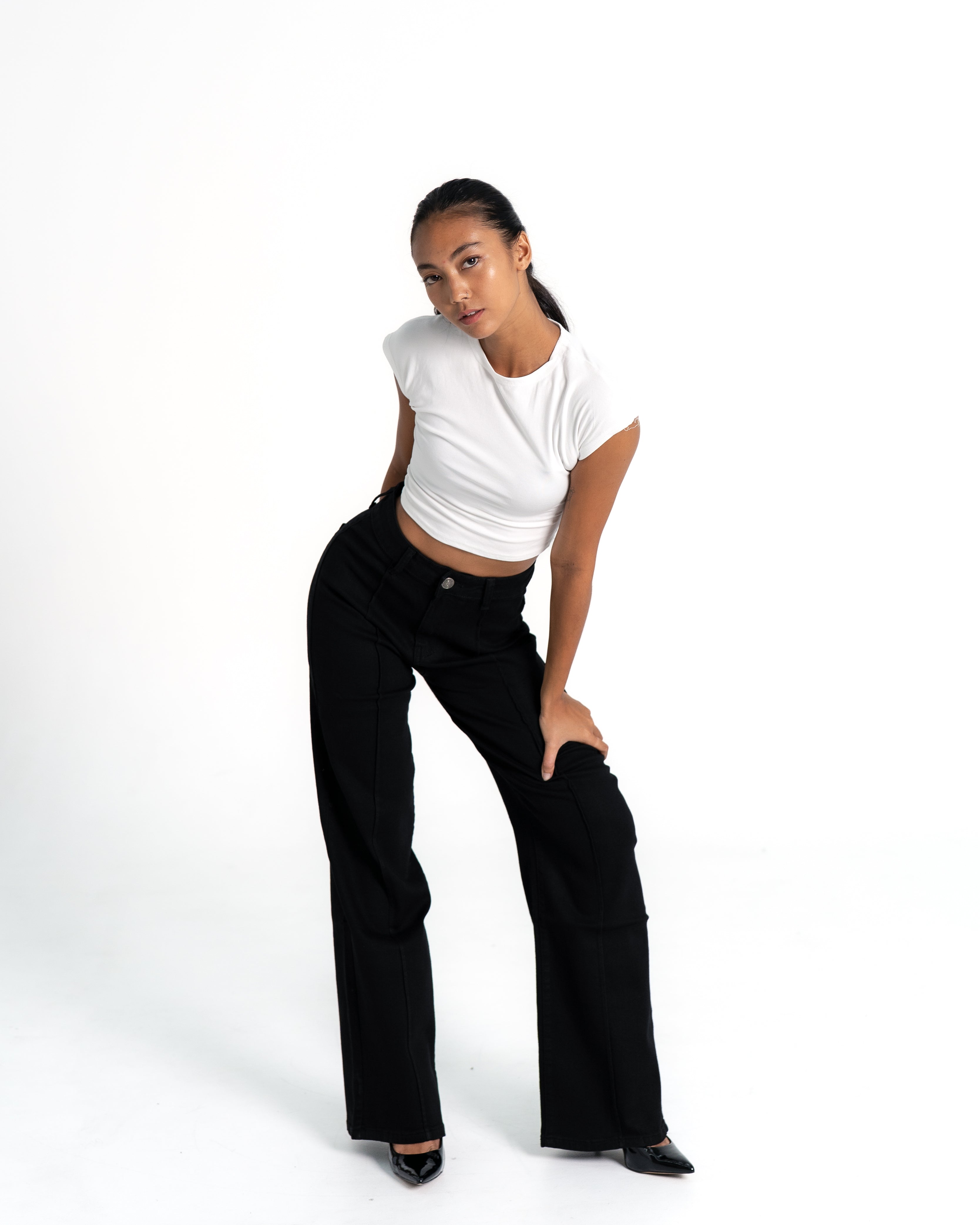 BLACK WIDE LEG JEANS WITH FRONT SEAM - IL 80CM