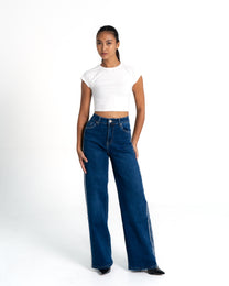 STRETCHY BLUE WIDE LEG JEANS WITH SPARKLE SIDE SEAM - 80CM | SEISHIKI STUDIO