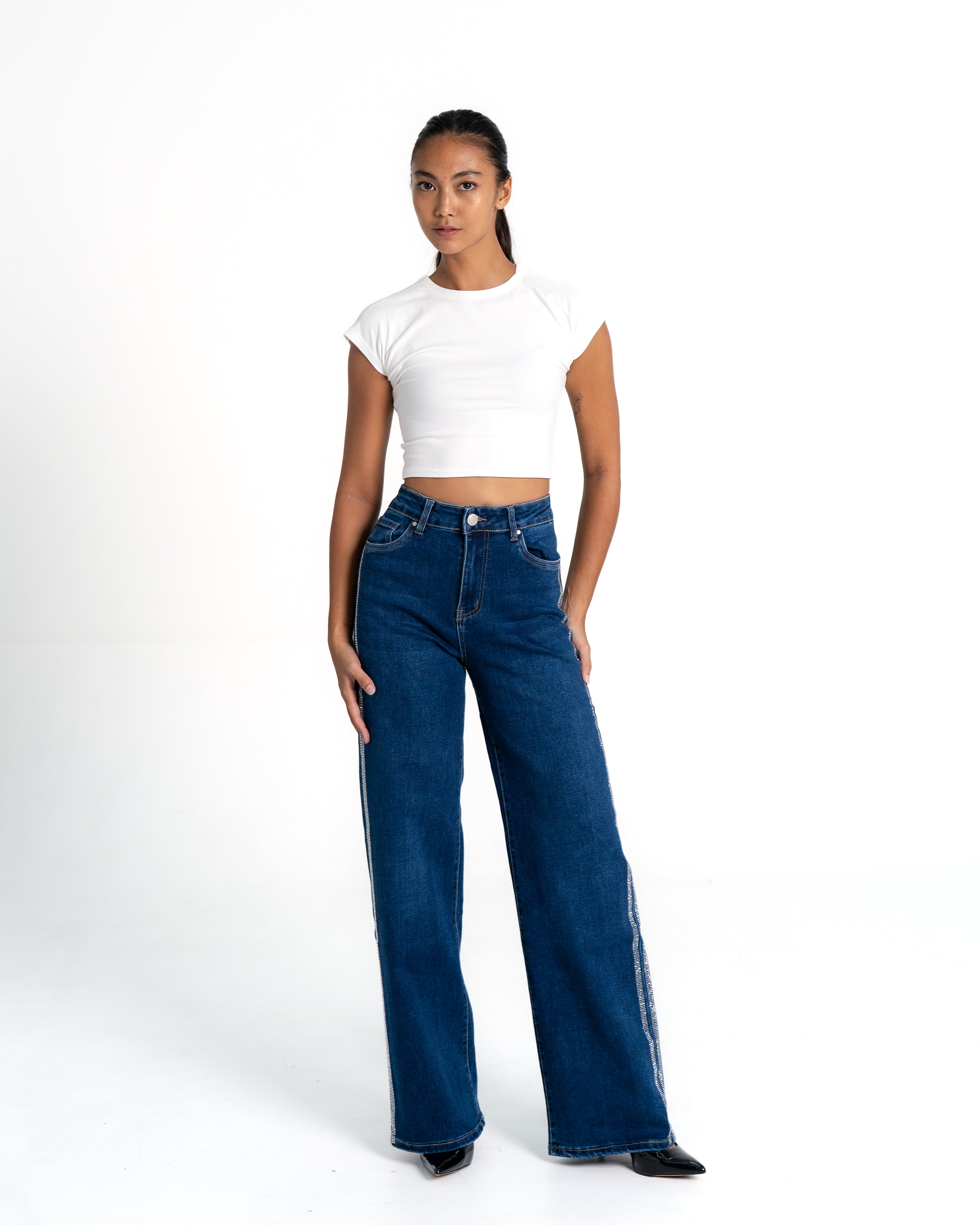 BLUE WIDE LEG JEANS WITH SPARKLE SIDE SEAM - 80CM