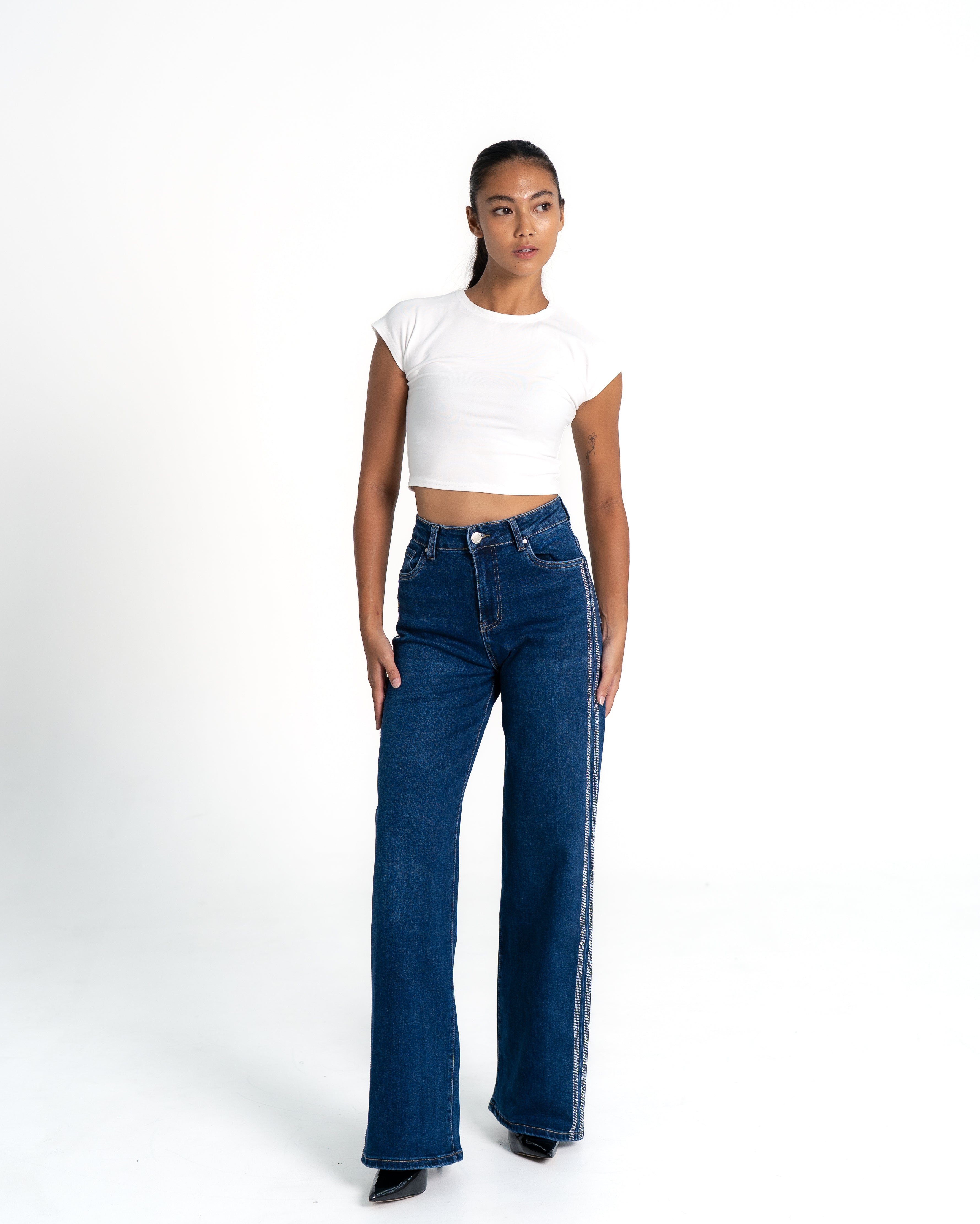 BLUE WIDE LEG JEANS WITH SPARKLE SIDE SEAM - 80CM