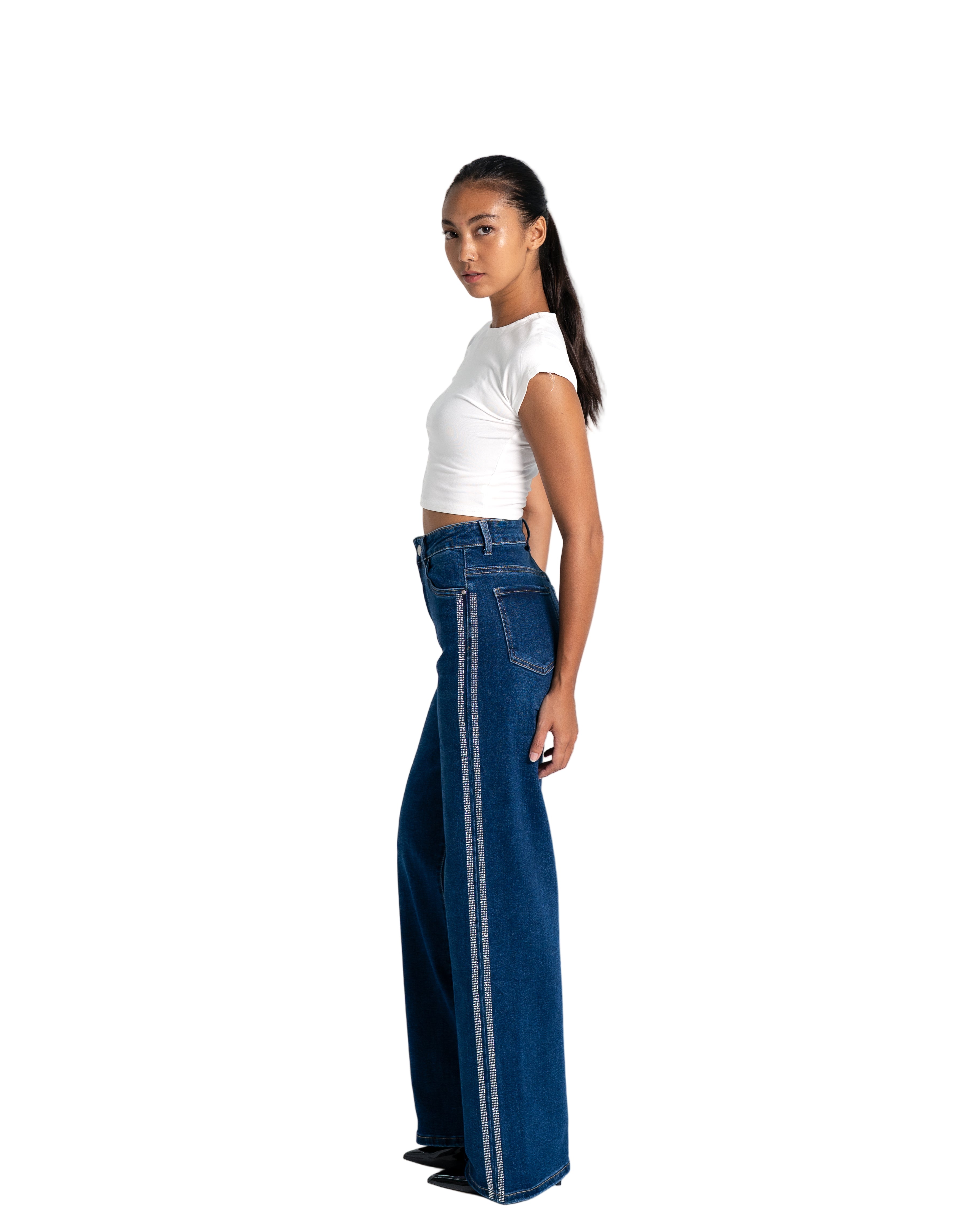 BLUE WIDE LEG JEANS WITH SPARKLE SIDE SEAM - 80CM