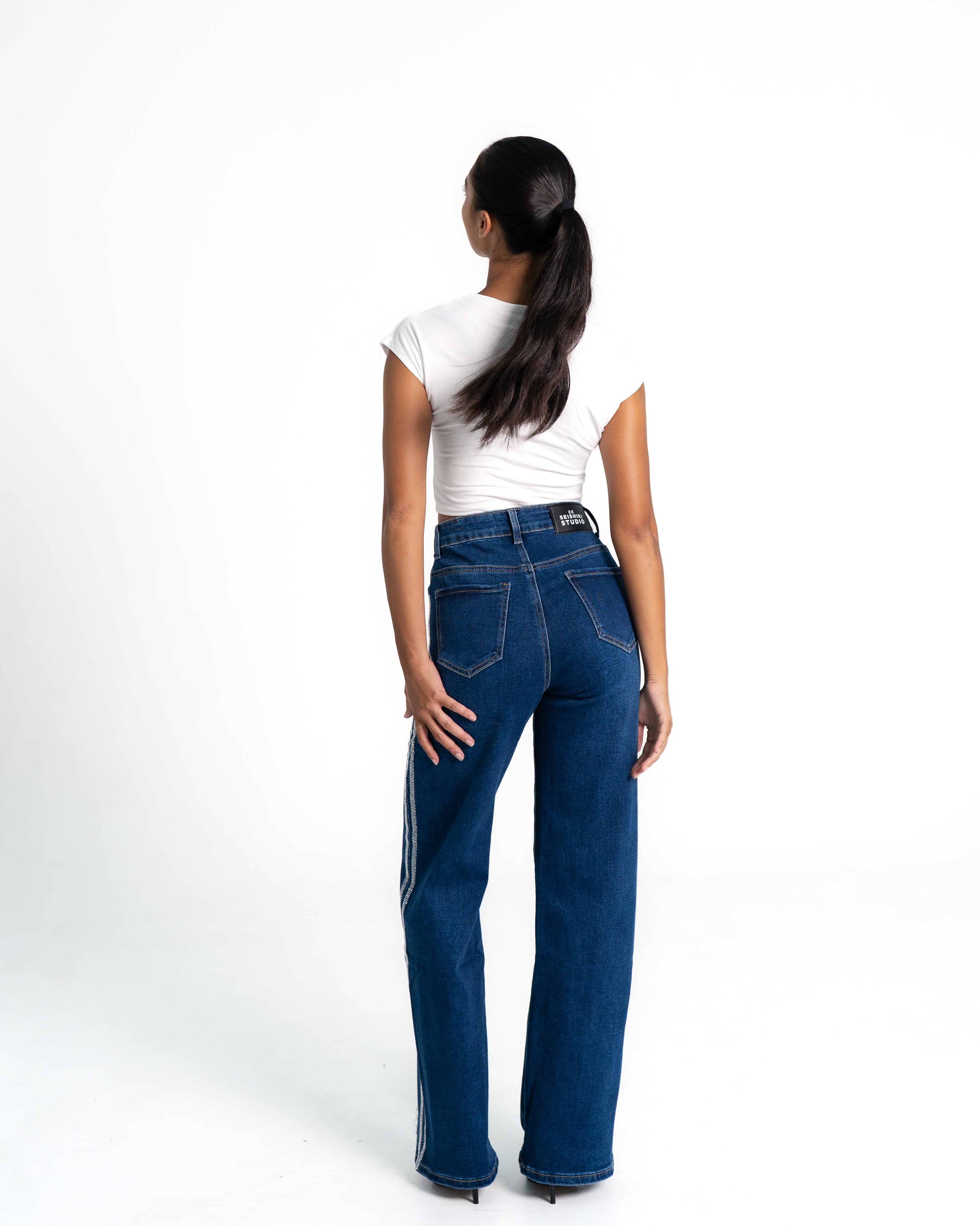 BLUE WIDE LEG JEANS WITH SPARKLE SIDE SEAM - 80CM