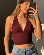 SEQUIN SPARKLE HALTER TOP BURGUNDY